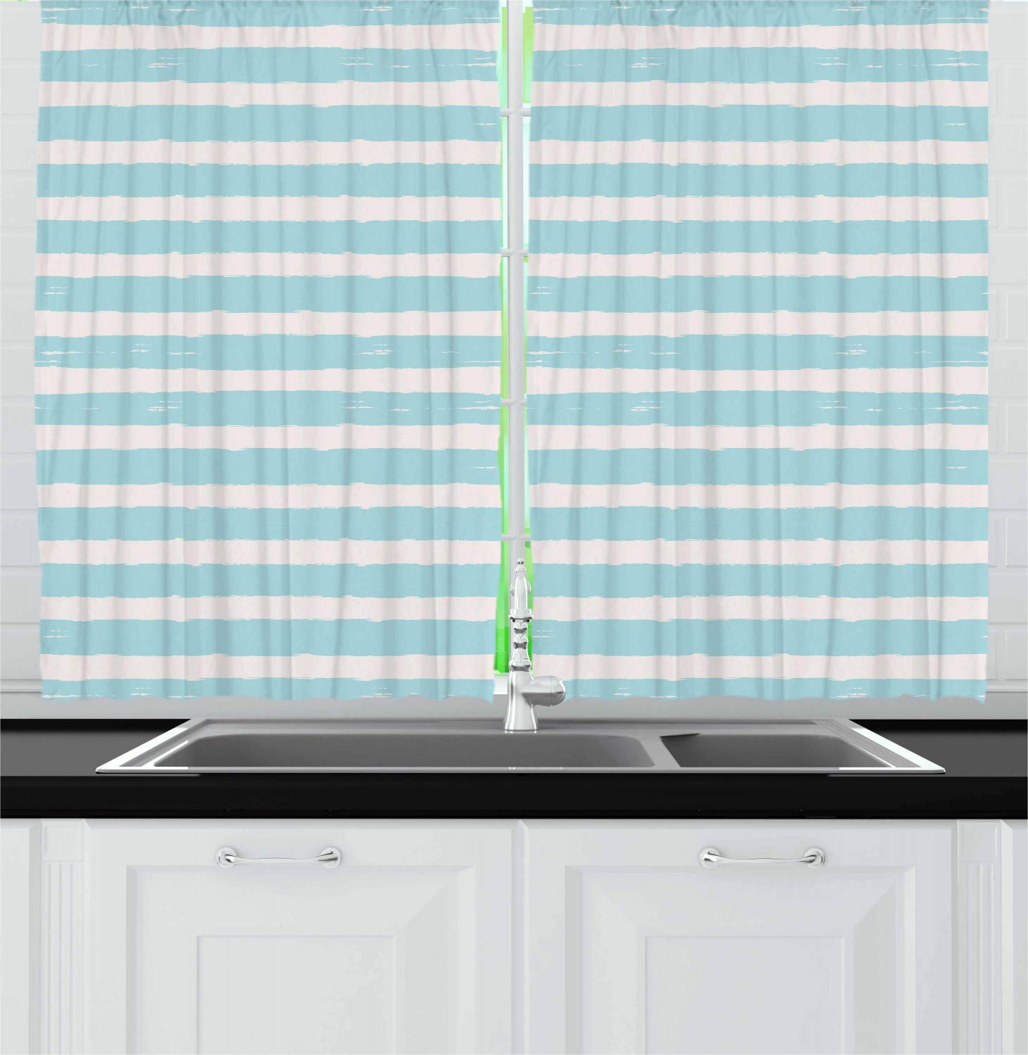 Ambesonne Grunge Kitchen Curtains - Horizontal Striped Pattern with Brushstrokes & Weathered Look, 2 Panel Window Drapes for Kitchen & Cafe Decor, 55
