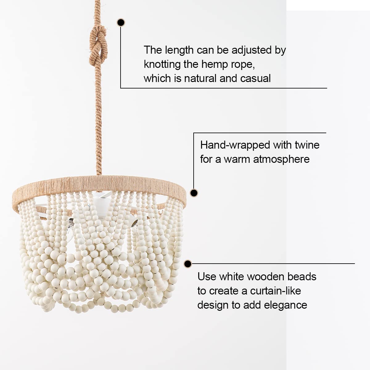 Bohemian Wood Beaded Pendant Light Fixture - Antique Rustic Mini Chandelier with White Finish | Perfect for Bedroom, Nursery, Dining Room, Hallway & Entryway Decor | 3-Light Hanging Ceiling Lamp for Boho Home & Farmhouse Style