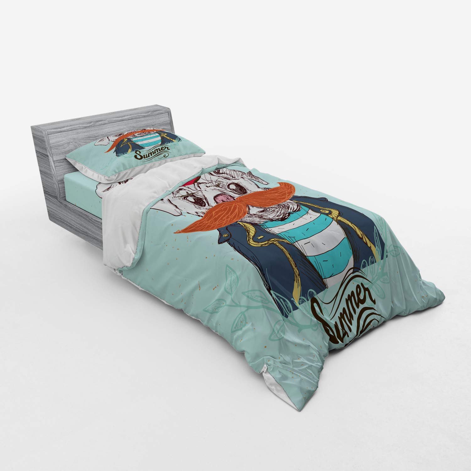 Ambesonne 3-Piece Pug Duvet Cover Set - Twin XL Size, Navy Blue Pale Blue Orange, Funny Captain Dog with Hat Mustache Jacket Design - Perfect for Kids' Rooms, Dog Lovers' Bedrooms, and Unique Home Decor
