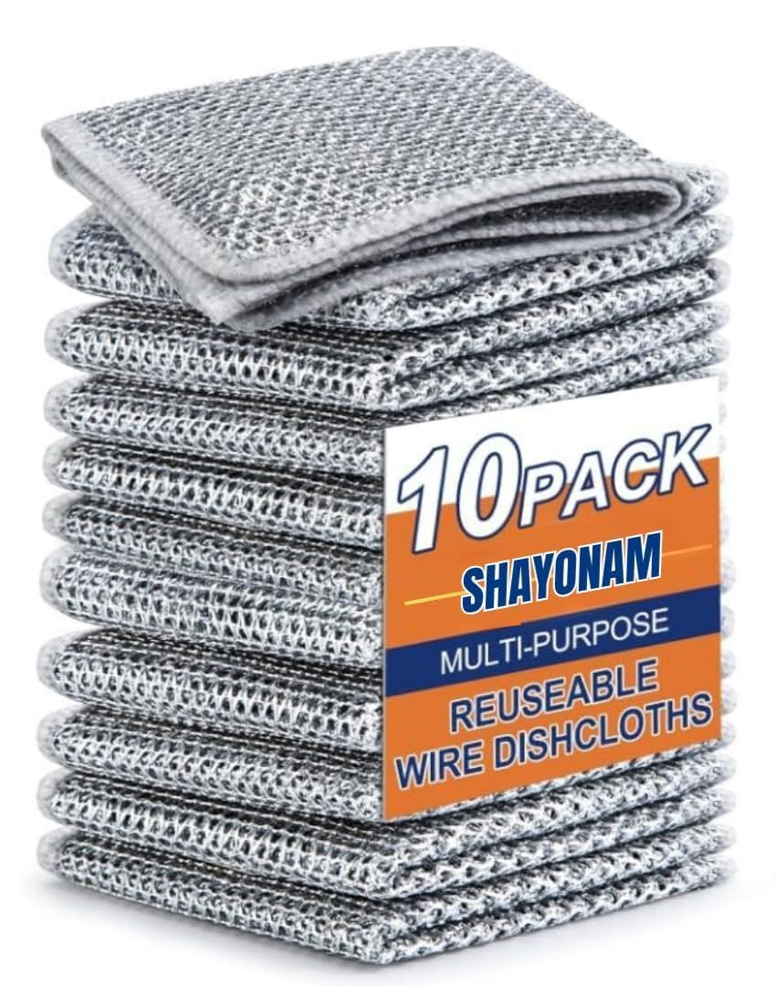 10 Pack SHAYONAM Non-Scratch Wire Dishcloths - Reusable Multipurpose Dishwashing Rags for Wet & Dry Cleaning - Easy Rinse Kitchen Cleaning Cloths for Sinks, Pots, Pans & Countertops - Perfect for Daily Dishwashing & Tough Stain Removal