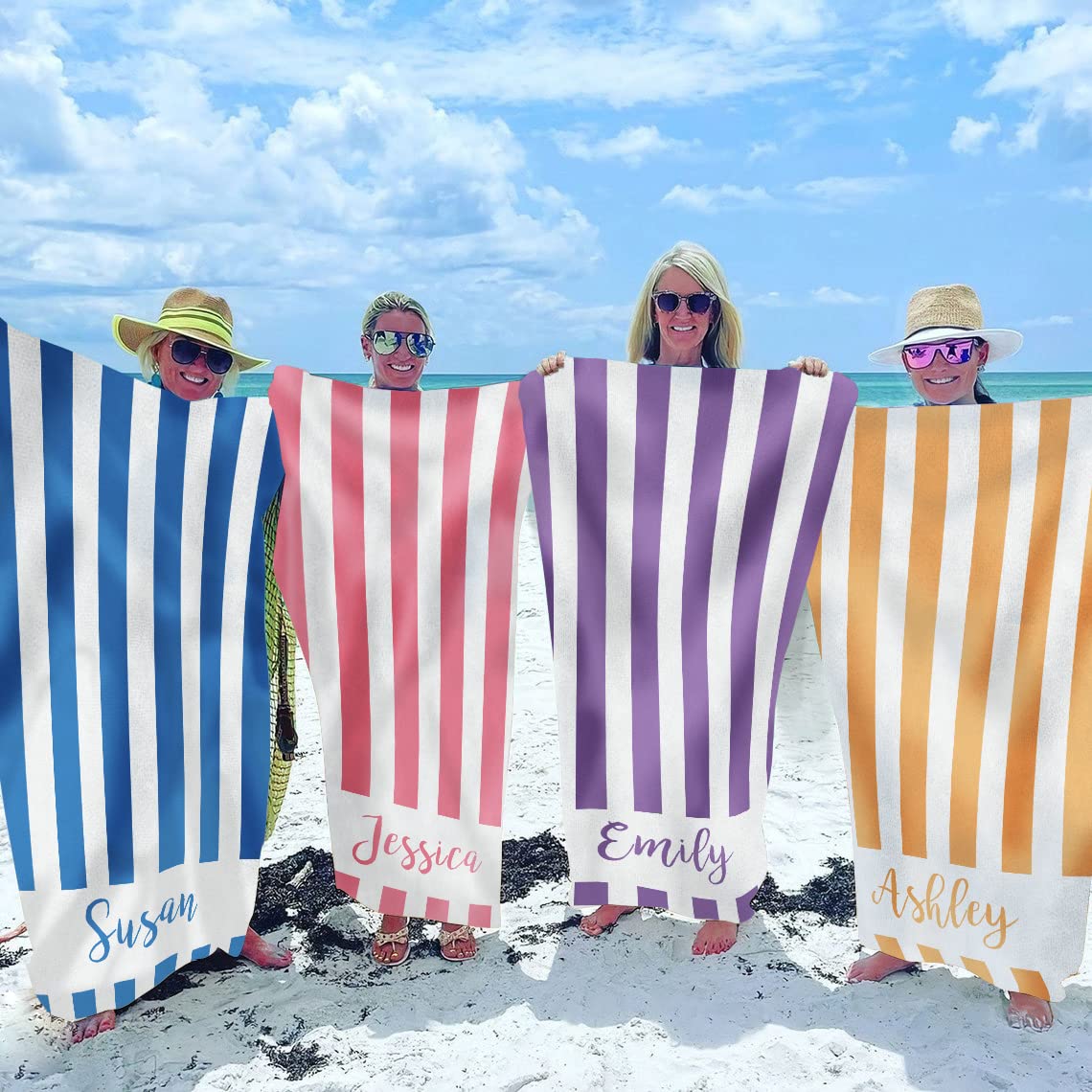 Custom Personalized Beach Towel with Name - Quick Dry Sand Free Microfiber Towel 30x60 Inch for Adults & Kids - Light Purple Striped Print - Perfect for Pool, Beach, Vacation & Outdoor Activities