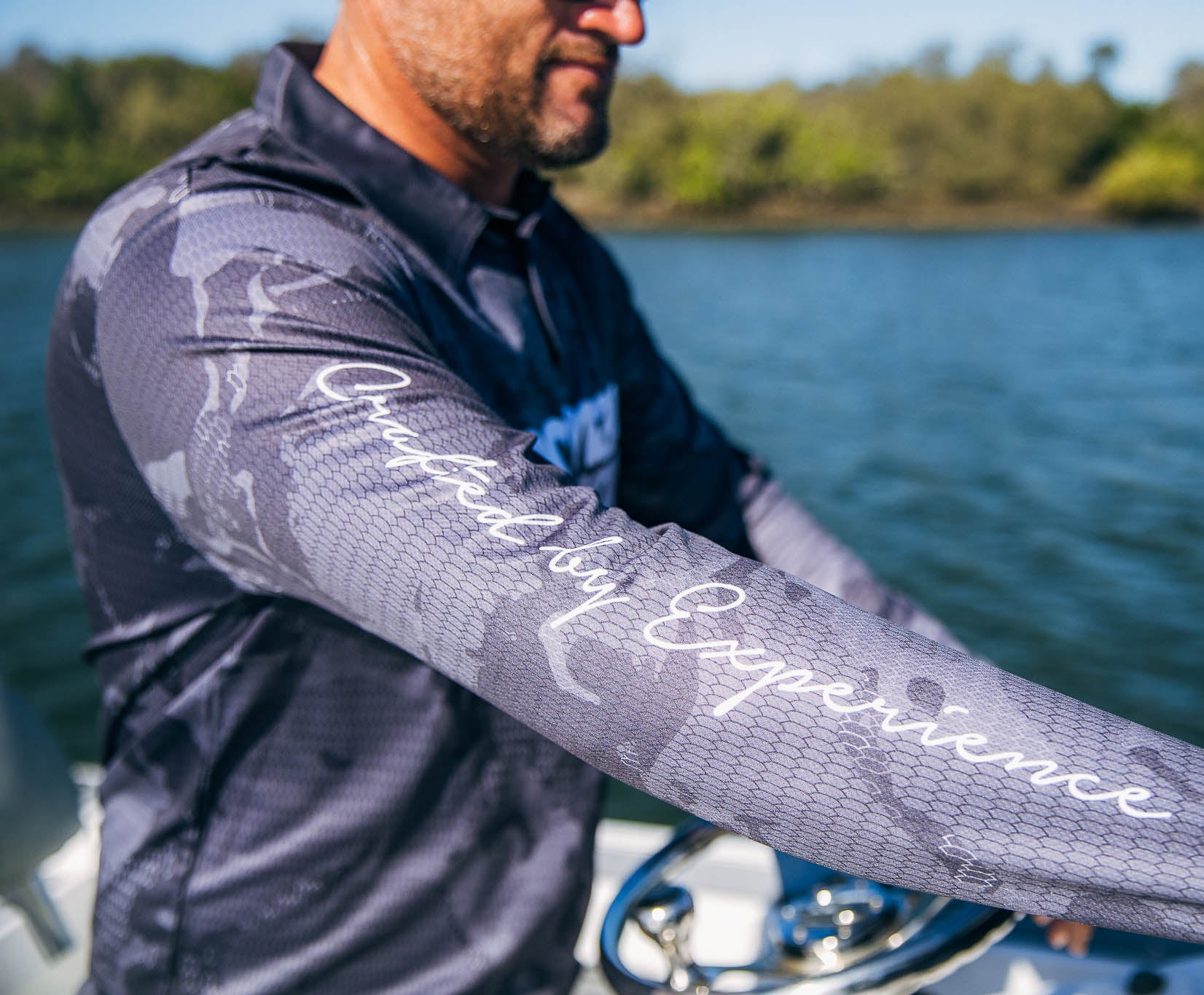 Tech Fishing Shirt with Collar - Charcoal Camouflage for Men | Quick-Dry UV Protection Performance Wear for Outdoor Fishing & Hiking