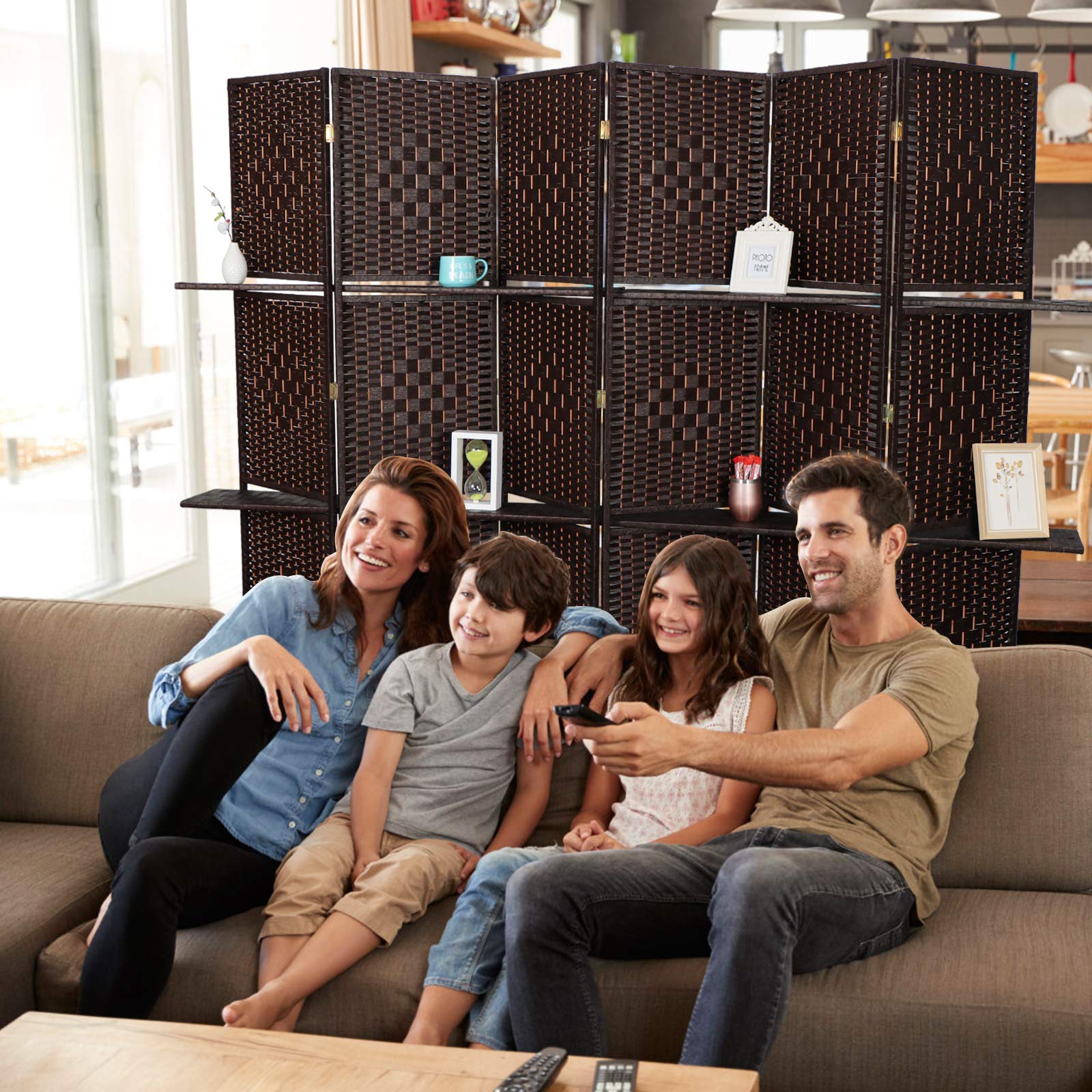 6 Panels 6 FT Tall Extra Wide Woven Fiber Room Divider with 2 Shelves - Double Hinged Folding Privacy Screen - Freestanding Partition for Living Room, Bedroom, Office (Coffee Brown)