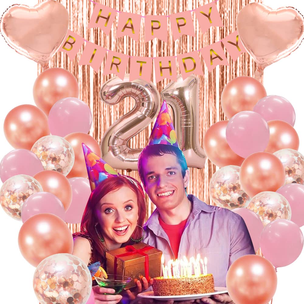 21st Birthday Party Decorations for Women - Rose Gold Balloons, Happy Birthday Banner, Backdrop & Confetti Balloons Set | Perfect for 21st Birthday Celebrations, Bachelorette Parties & Photo Backdrops