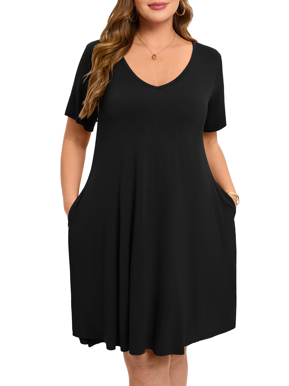 ZENNILO Women's Plus Size Swing Dress with Pockets - Casual Summer V-Neck Short Sleeve T-Shirt Dress for Women | Perfect for Beach, Vacation & Everyday Wear