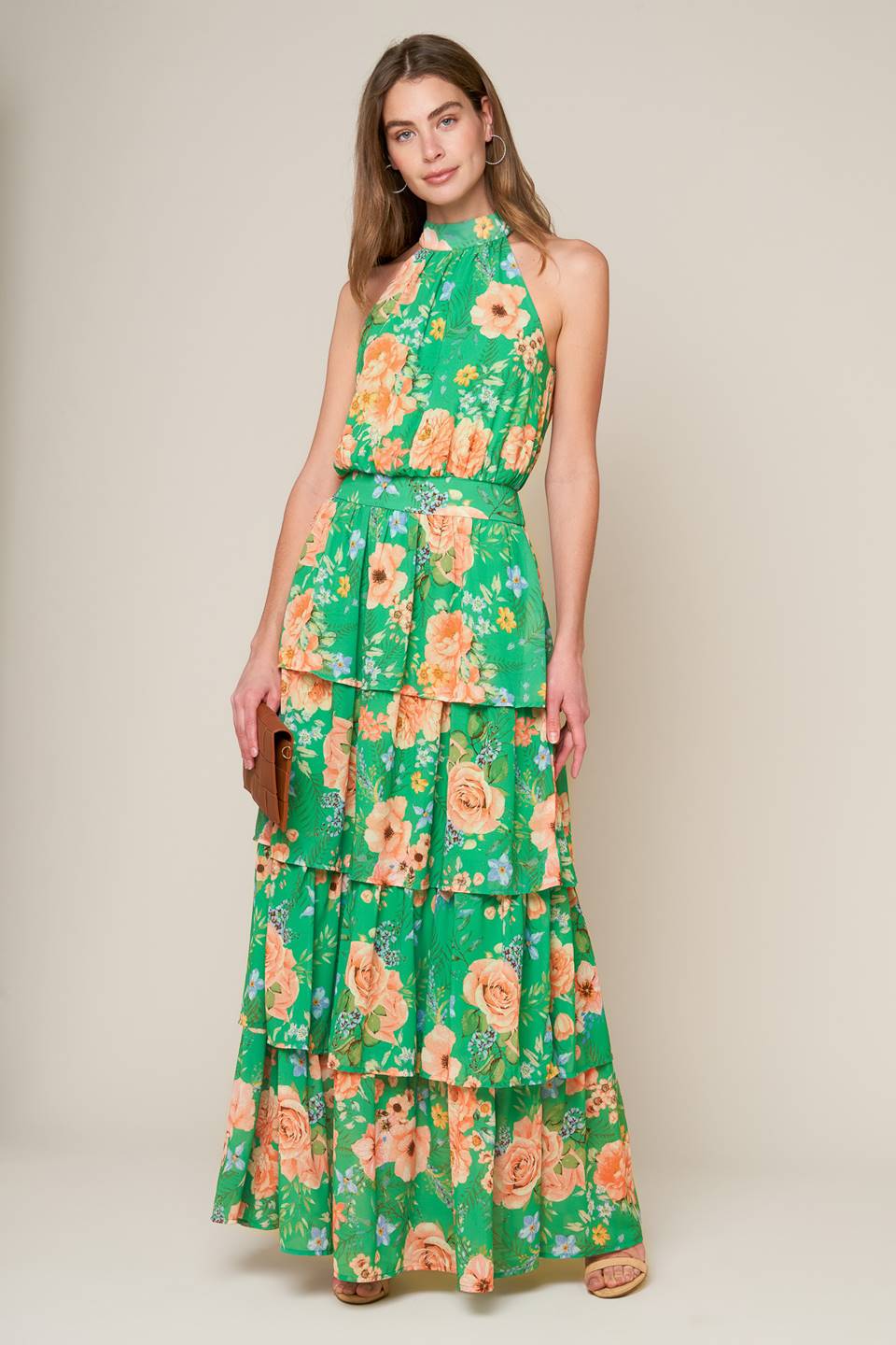 Porcelain Bloom Green Floral Halter Maxi Dress - Elegant Summer Beach Wedding Party Outfit for Women