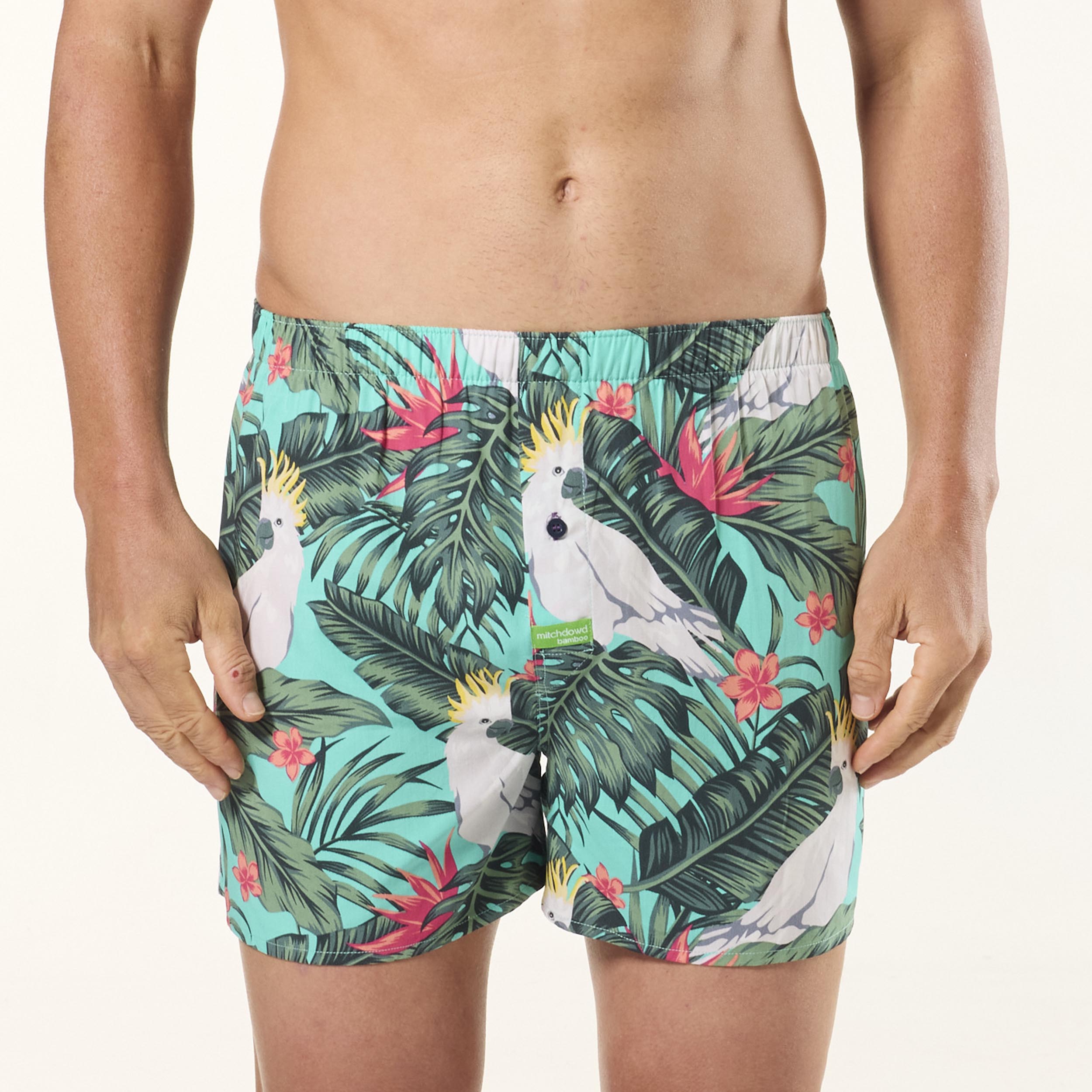 Men's Breathable Bamboo Boxer Shorts with Cockatoo Leaves Print - Comfortable & Eco-Friendly Underwear for Lounge, Sleep & Travel - Green