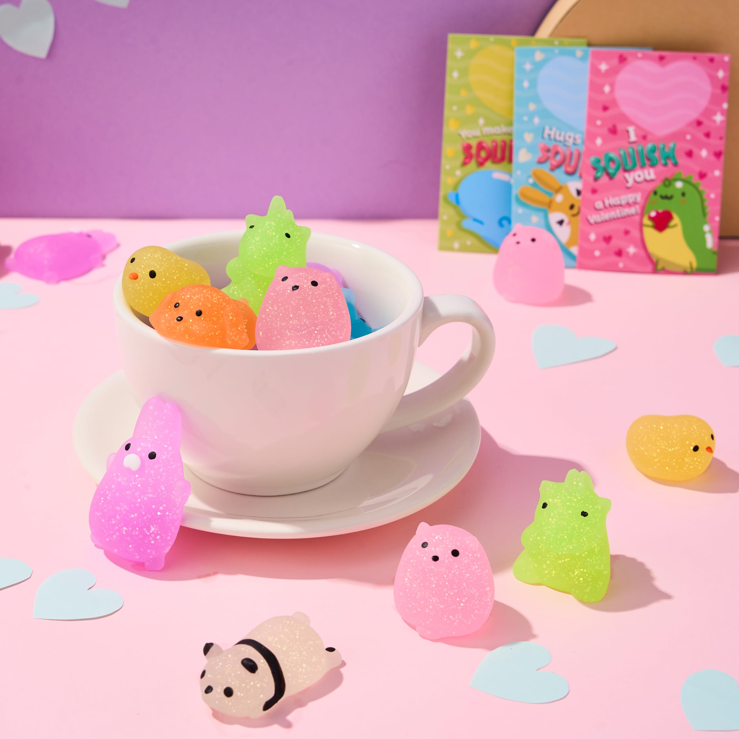 JOYIN 28 Pack Glitter Mochi Squishy Toys with Gift Cards - Stress Relief Fidget Toys for Kids, Valentine's Party Favors, Classroom Prizes & Exchange Gifts - Perfect for Birthday Parties, School Rewards and Sensory Play