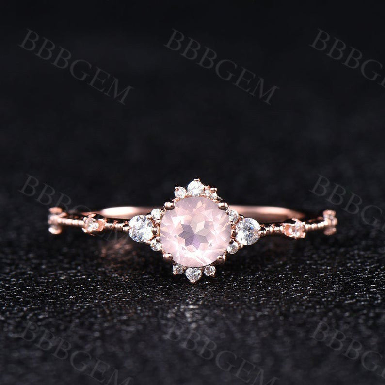 0.5 Carat Round Cut Dainty Diamond Rose Quartz Engagement Ring in 14K Rose Gold - Perfect for Proposals, Anniversaries & Romantic Gifts