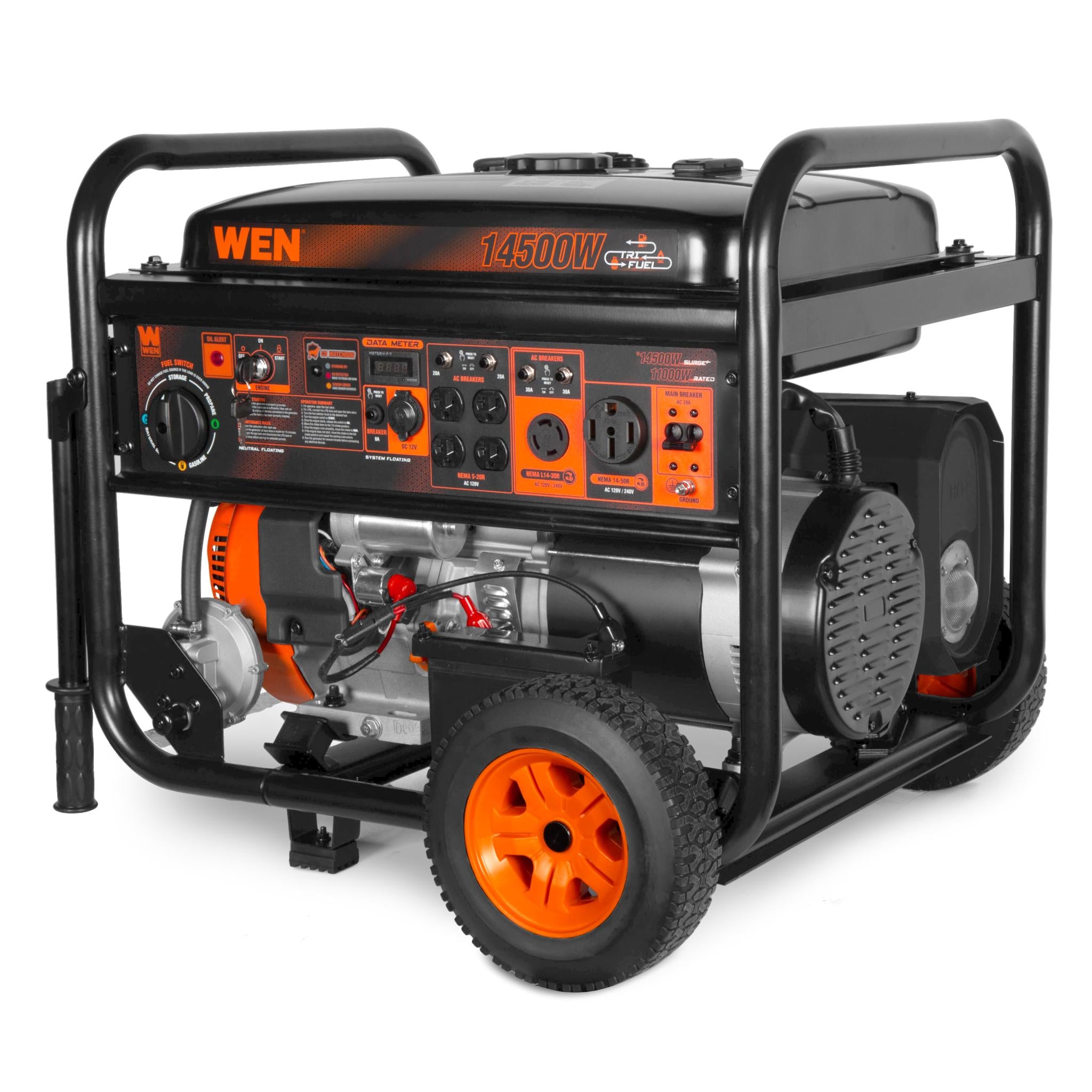 WEN TF1450X 14,500W Tri Fuel Generator - Gas/Propane/Natural Gas Compatible, 120V/240V with Electric Start & Wheel Kit - CO Watchdog Safety - Perfect for Home Backup Power, Camping & Emergency Use