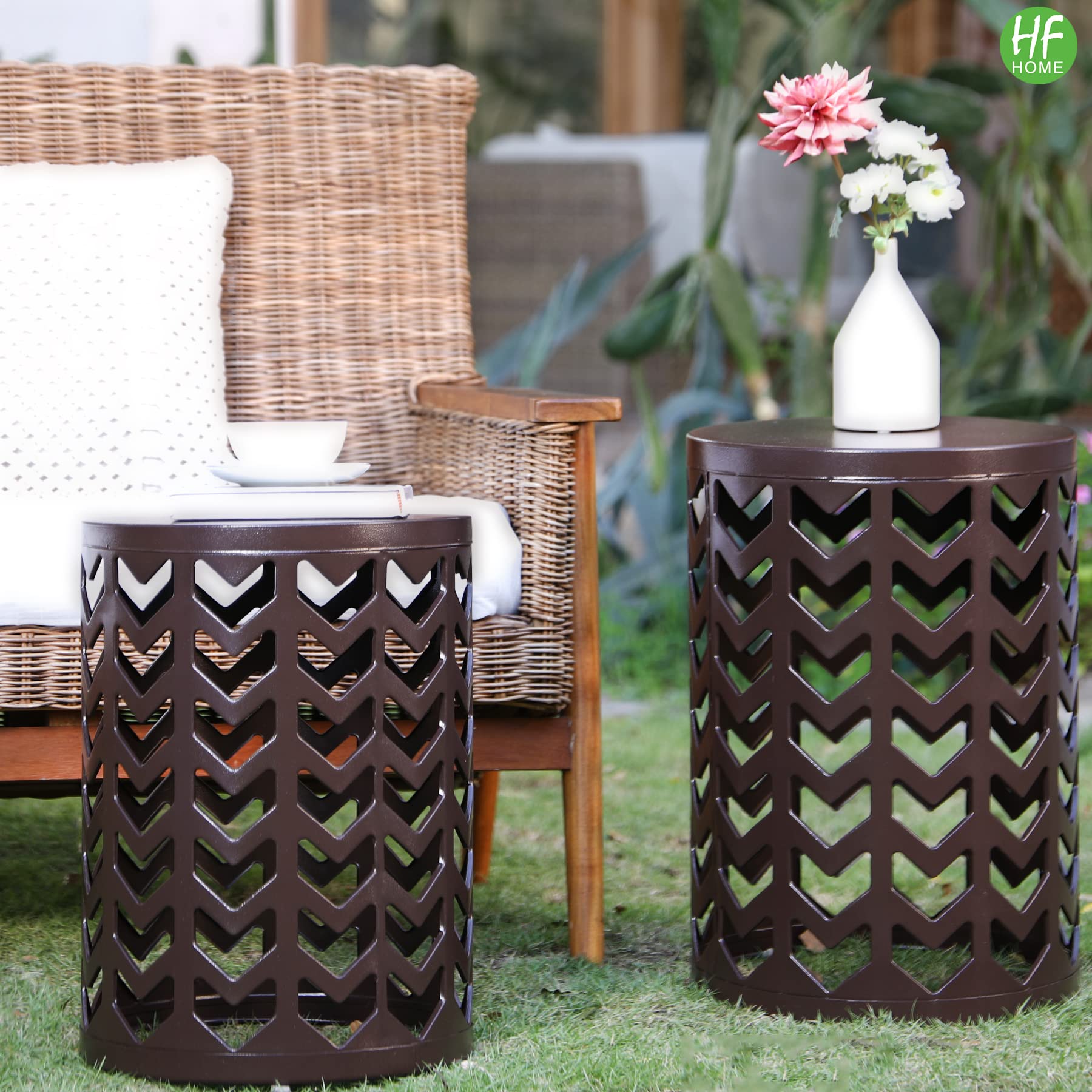 HFHOME Round Nesting Coffee Tables Set of 3 - Heavy Duty Metal Stacking End Tables for Living Room, Balcony, Office - Brown Indoor Side Tables for Home Decor | Perfect for Small Spaces, Coffee Time & Modern Interior Design