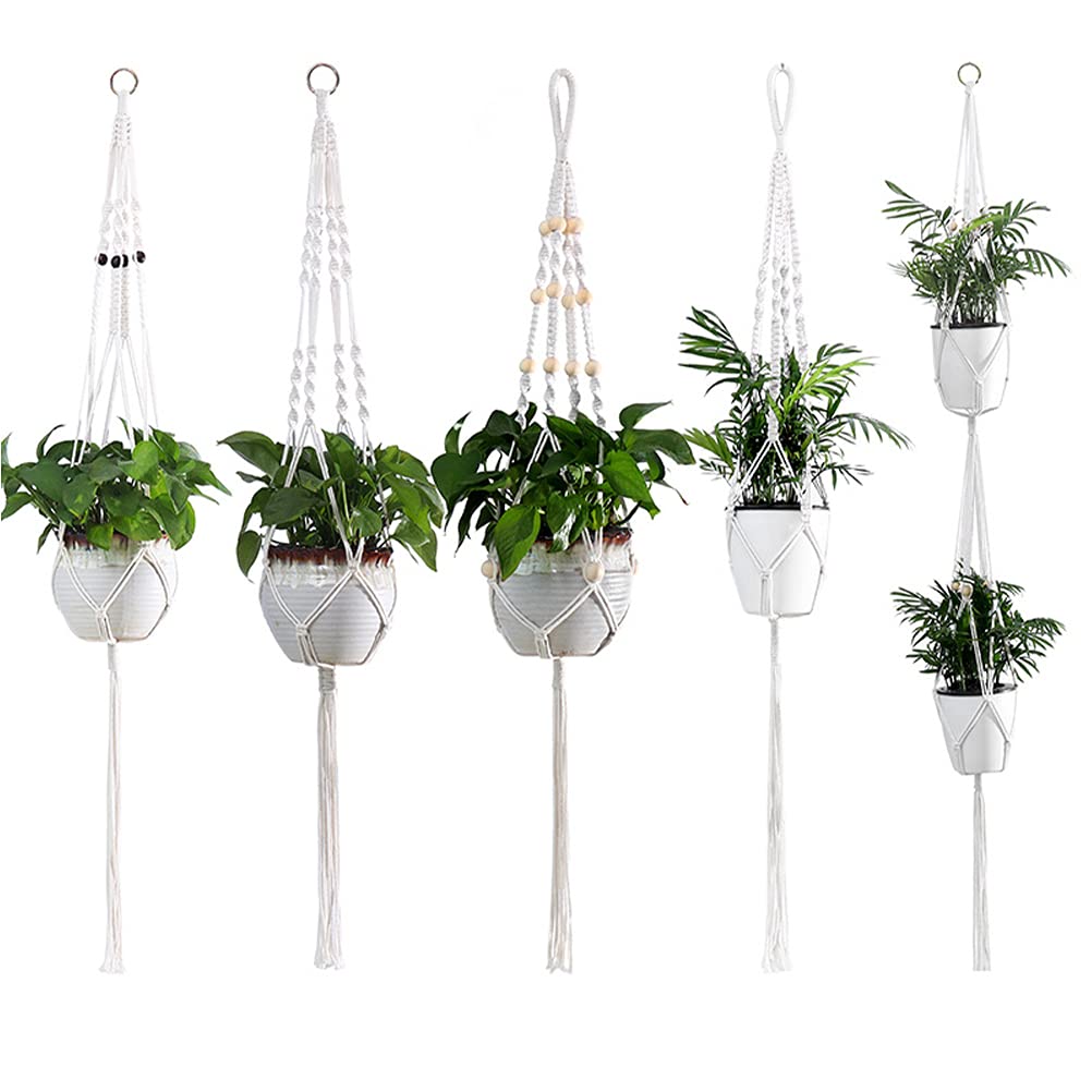 LUOZZY 5-Pack Durable Plant Hanging Basket with Rope - Flower Pot Holder for Indoor & Outdoor Garden, Yard, Balcony Decor - Perfect for Hanging Plants, Herbs, and Small Flowers