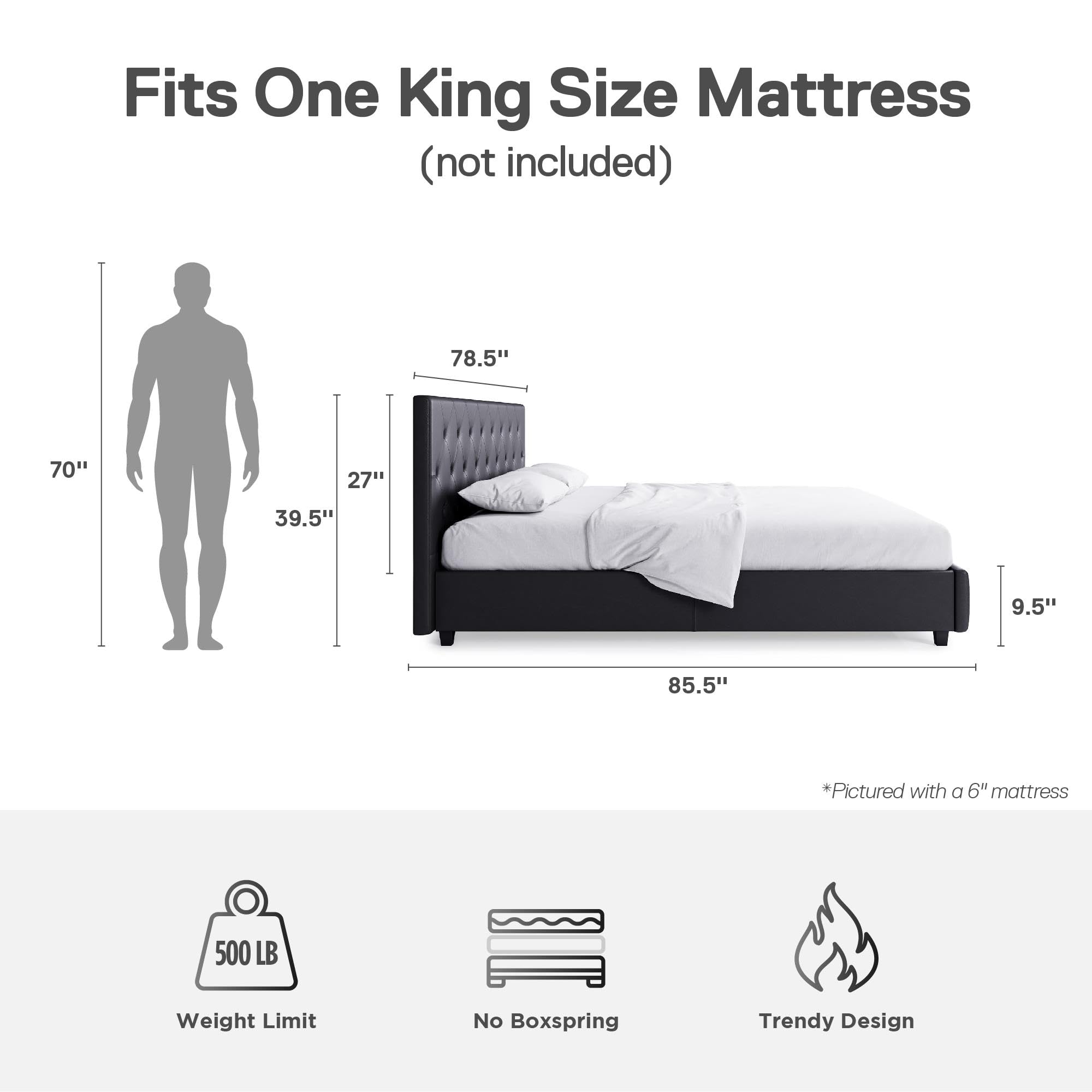 DHP Dakota King Size Upholstered Platform Bed with Diamond Button Tufted Headboard & Footboard - No Box Spring Needed - Gray Faux Leather - Perfect for Modern Bedrooms & Guest Rooms