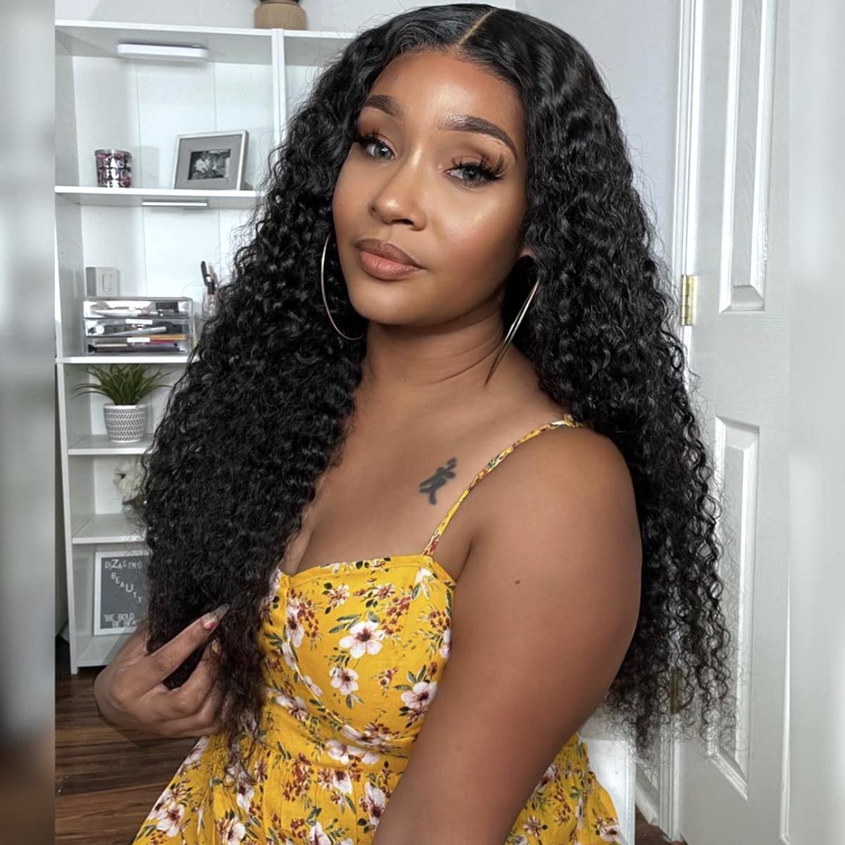 SUPERNOVA Deep Curly Lace Front Human Hair Wig - 18 Inch Glueless T-Part Pre-Plucked 180% Density Natural Black | Perfect for Daily Wear, Cosplay & Special Occasions