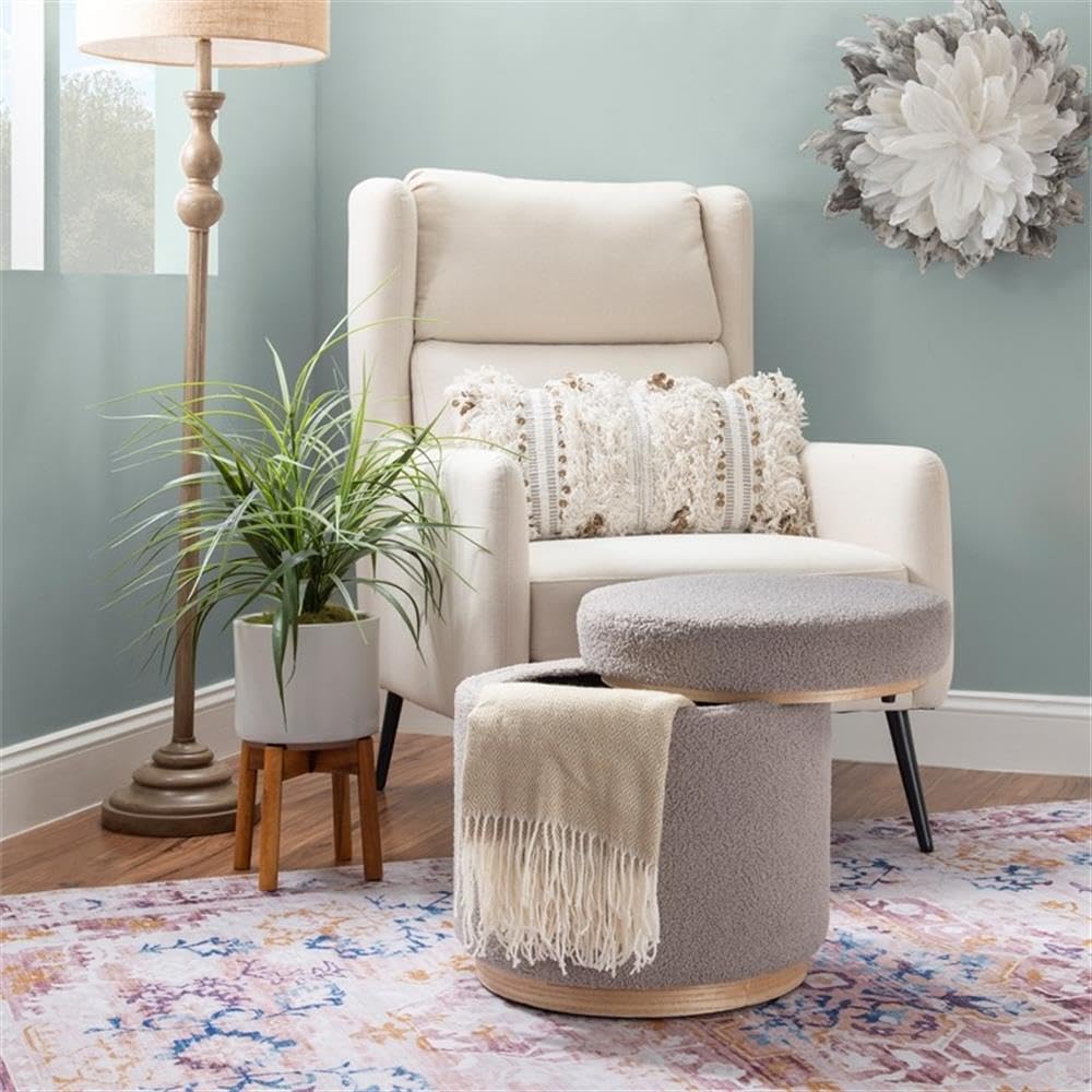 Linon Hawn Round Padded Storage Ottoman with Light Wood Trim - Gray Sherpa Fabric Upholstered Footrest Bench for Living Room, Bedroom & Home Decor