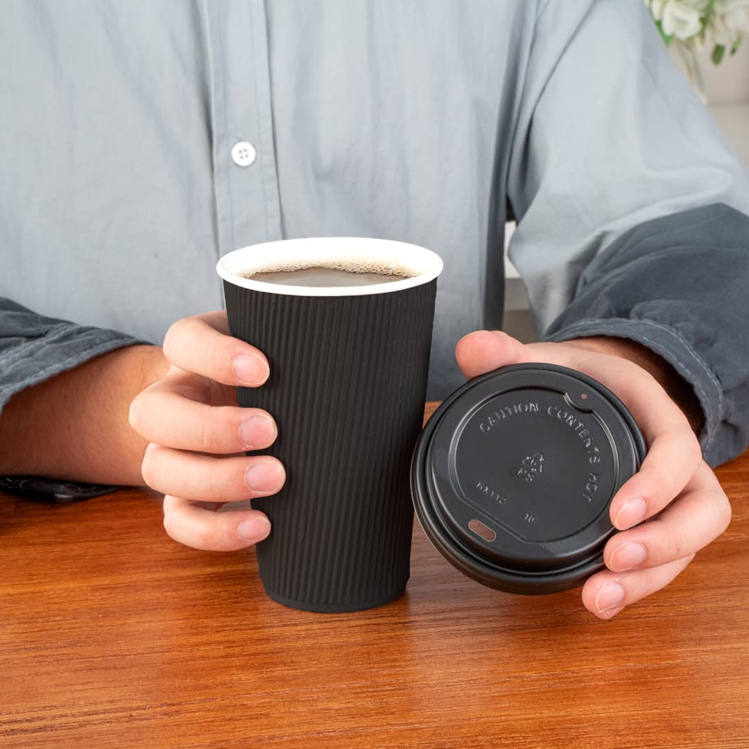 16oz Insulated Coffee Cups with Lids - 200 Pack Leakproof Disposable Hot Cups for Tea, Hot Cocoa & Lattes | Restaurantware Ripple Wall Design, Non-Slip Black Paper Cups | Perfect for Coffee Shops, Offices & Catering Events