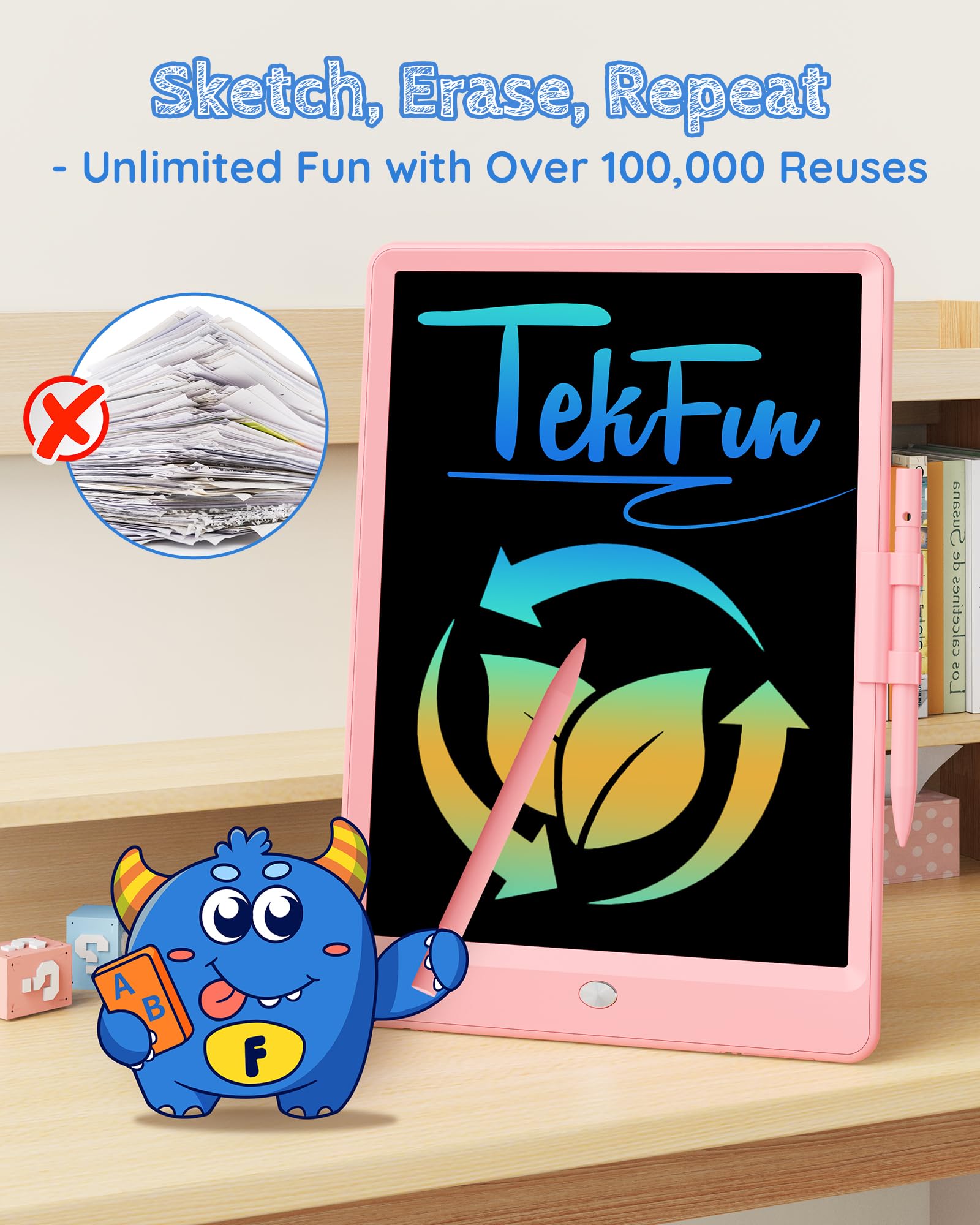 TEKFUN 10 Inch LCD Writing Tablet - Colorful Kids Drawing Pad, Mess-Free Doodle Board for Toddlers Ages 3-8 | Reusable Educational Toy Gift for Boys & Girls (Pink) | Perfect for Travel, School & Home Play