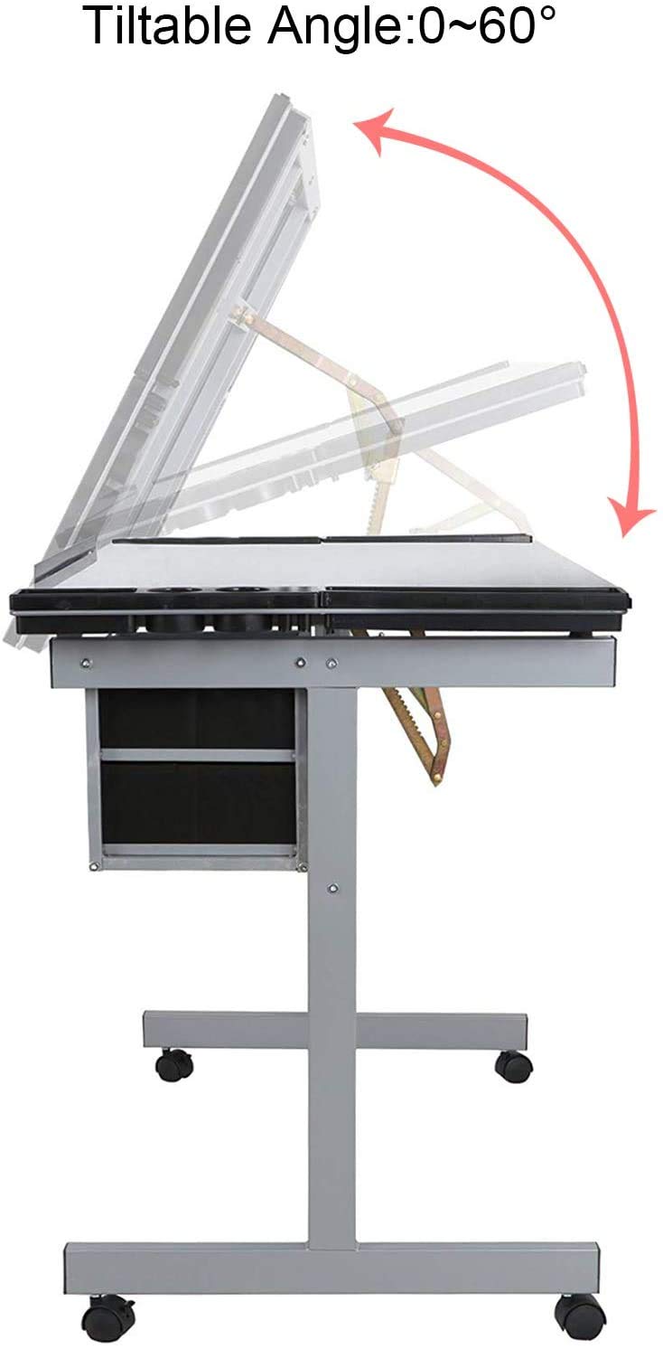 Adjustable Drafting Table with Tempered Glass Top - Folding Drawing Desk for Artists & Crafters, 2 Slide-Out Storage Drawers & Wheels - Perfect for Home Studio, Office & Classroom Workspaces