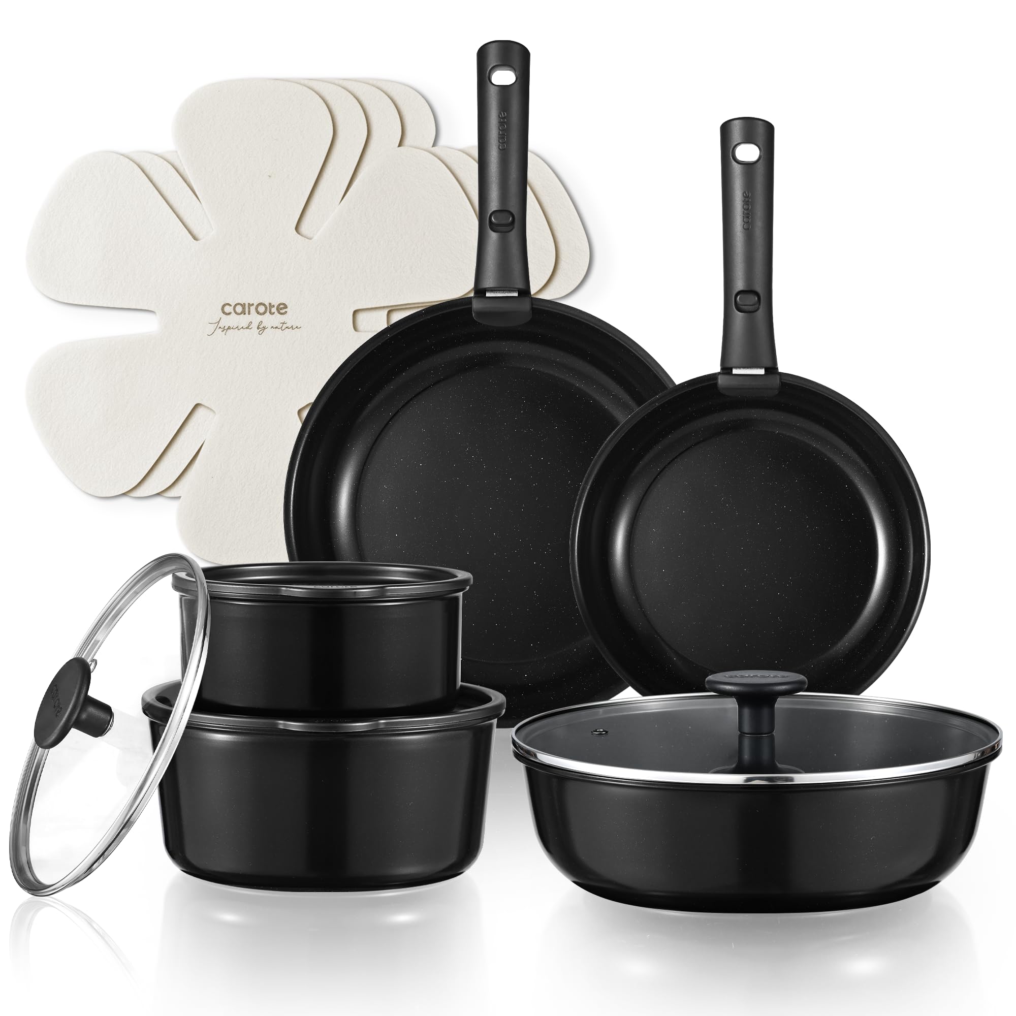 CAROTE 15-Piece Ceramic Non-Stick Cookware Set - Pots and Pans Set for Induction Stove, RV & Kitchen | Detachable Handle, Dishwasher & Oven Safe, Black | Perfect for Home Cooking, Camping & Small Spaces