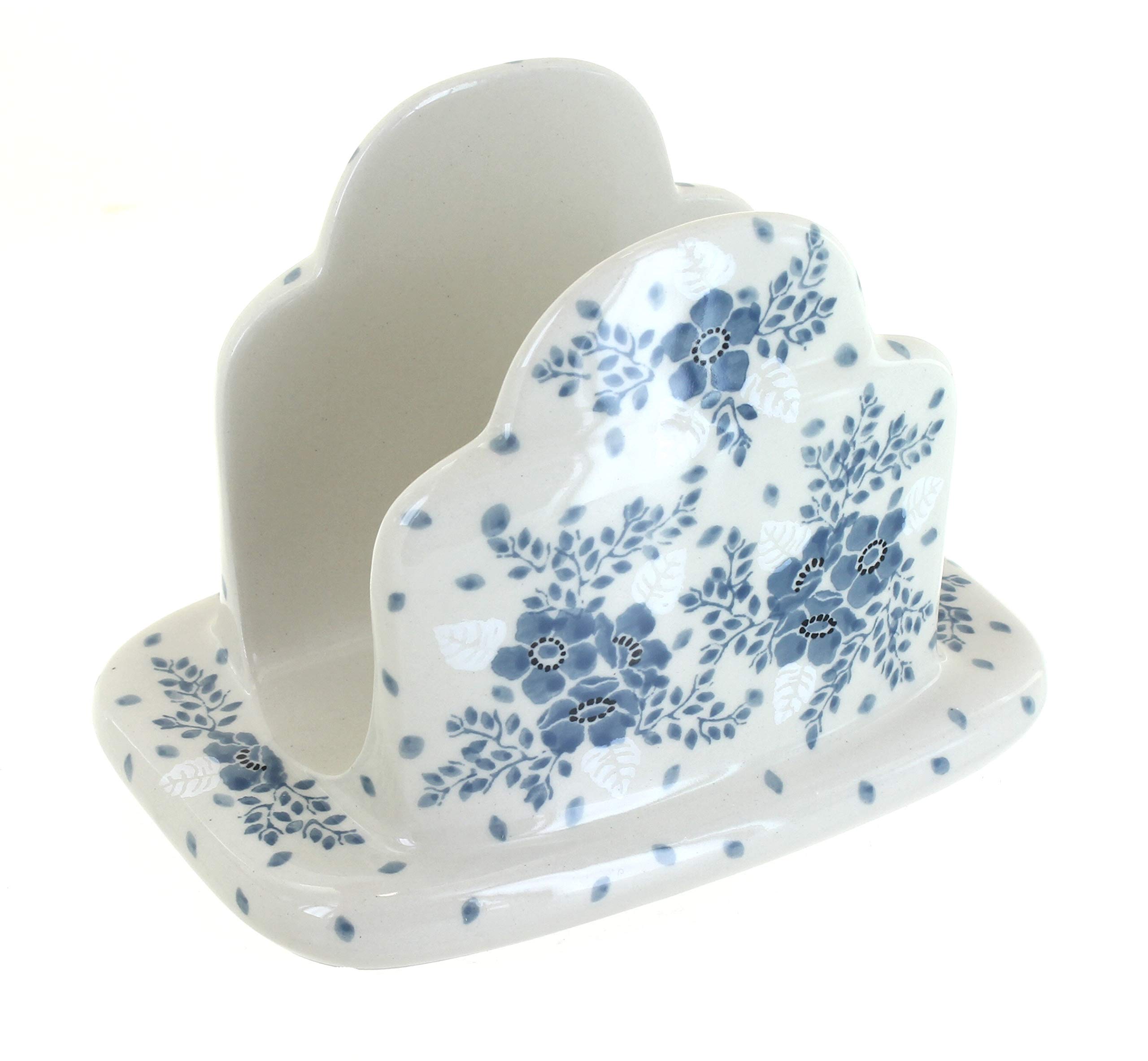 Handmade Blue Rose Polish Pottery Napkin Holder - Elegant Blue Fleur Design for Dining Table Decor, Perfect for Restaurants, Weddings & Home Entertaining