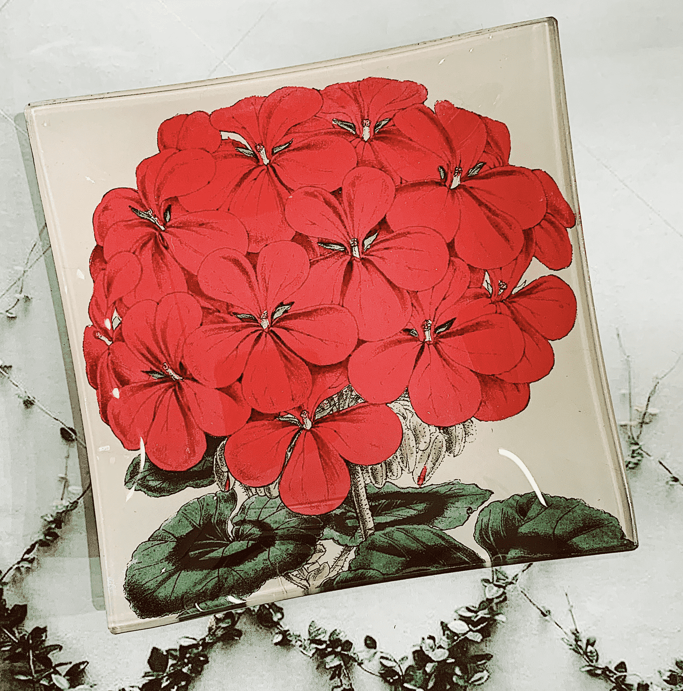 C.Z. Guest Red Geranium Decoupage Glass Serving Tray - Elegant Decorative Tray for Tea, Breakfast, or Home Decor