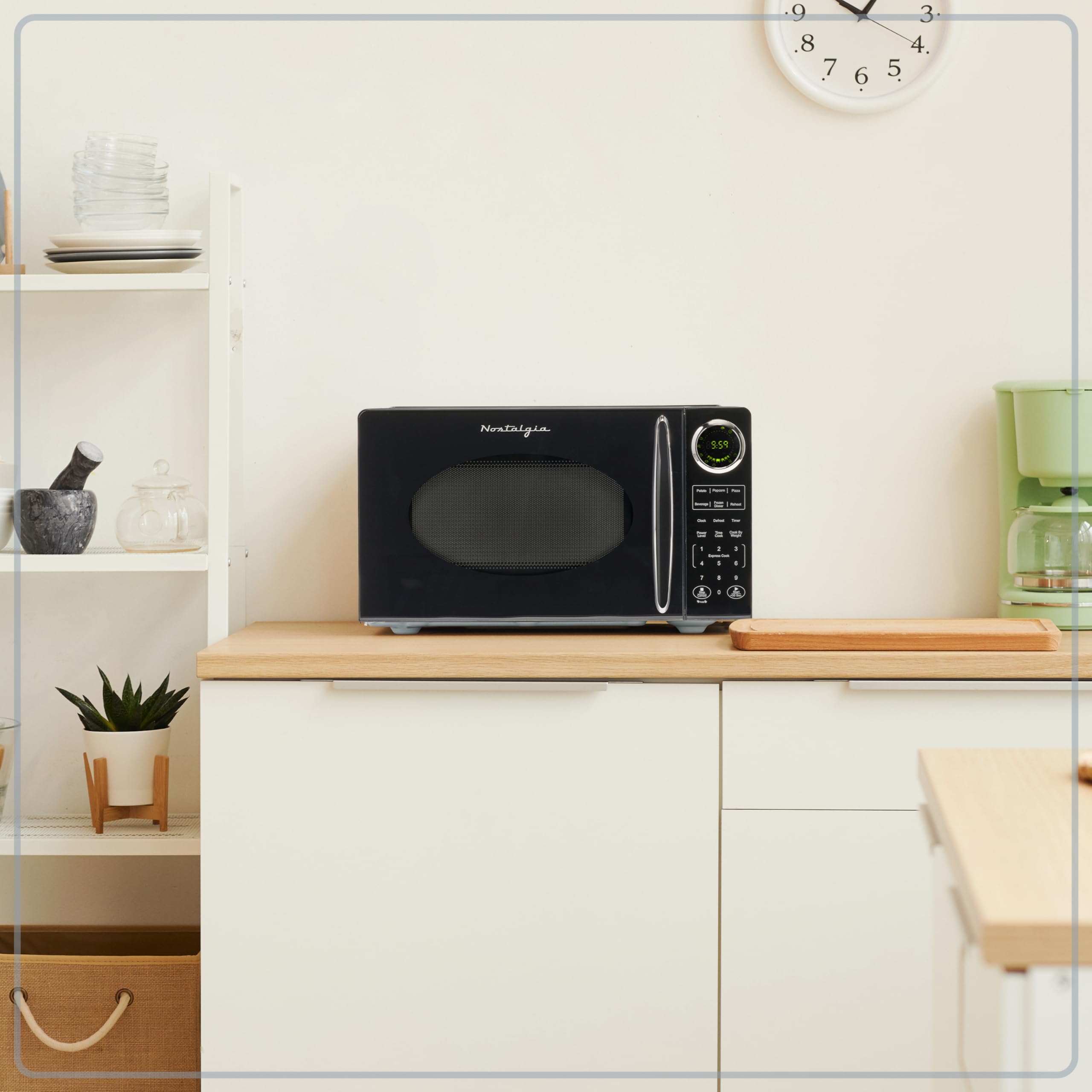 Nostalgia 900W Retro Microwave Oven - 0.9 Cu Ft Compact Countertop Microwave with 12 Preset Cooking Modes & Digital Clock - Perfect for Small Kitchens, Dorms, Offices & RV Cooking - Black