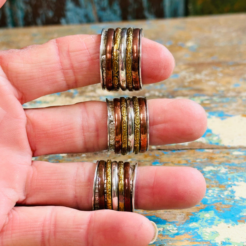 Sterling Silver Brass Copper Wide Band Spinner Ring for Men & Women - Stress Relief & Anxiety Fidget Jewelry - Perfect for Meditation, Focus & Relaxation