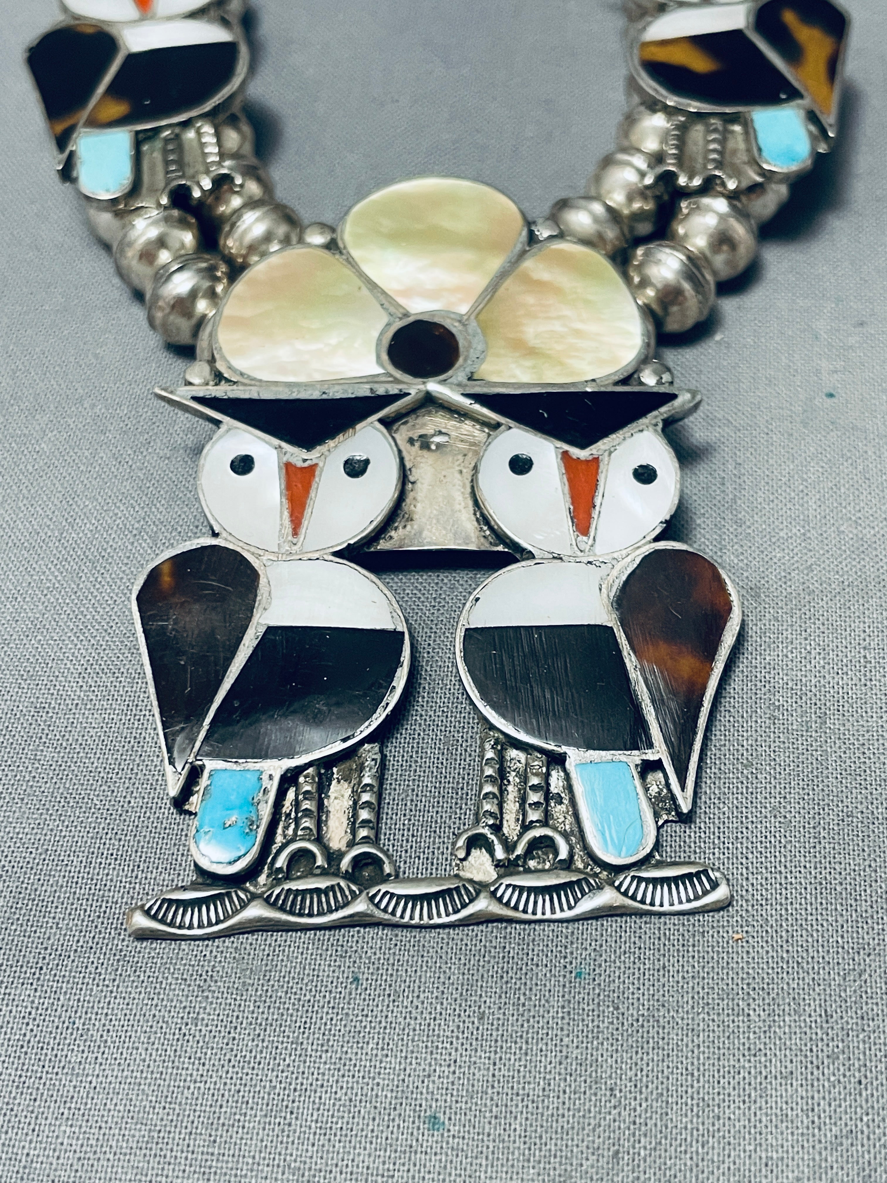 Vintage 1970s Zuni Native American Owl Sterling Silver Squash Blossom Necklace - 149g Handcrafted Inlay Jewelry for Boho Fashion & Southwest Style Outfits