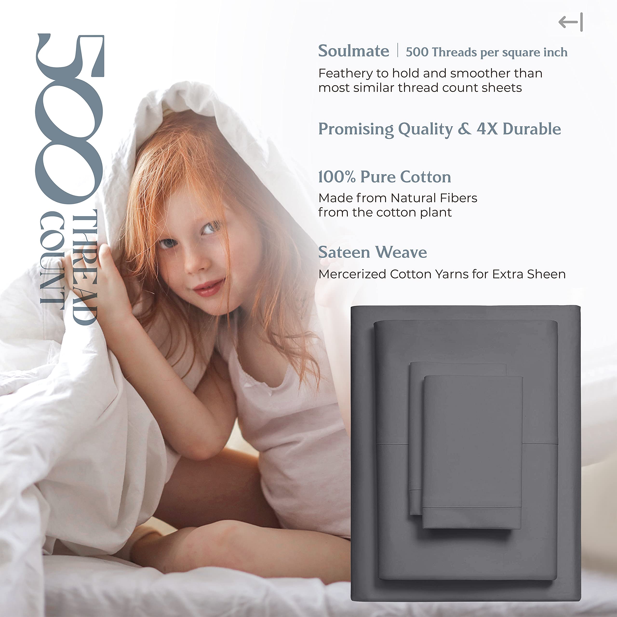 Mayfair Linen 100% Cotton Queen Size Bed Sheet Set - 4 PC 500 Thread Count Cooling Sheets (Dark Grey) | Soft Sateen Weave, 16