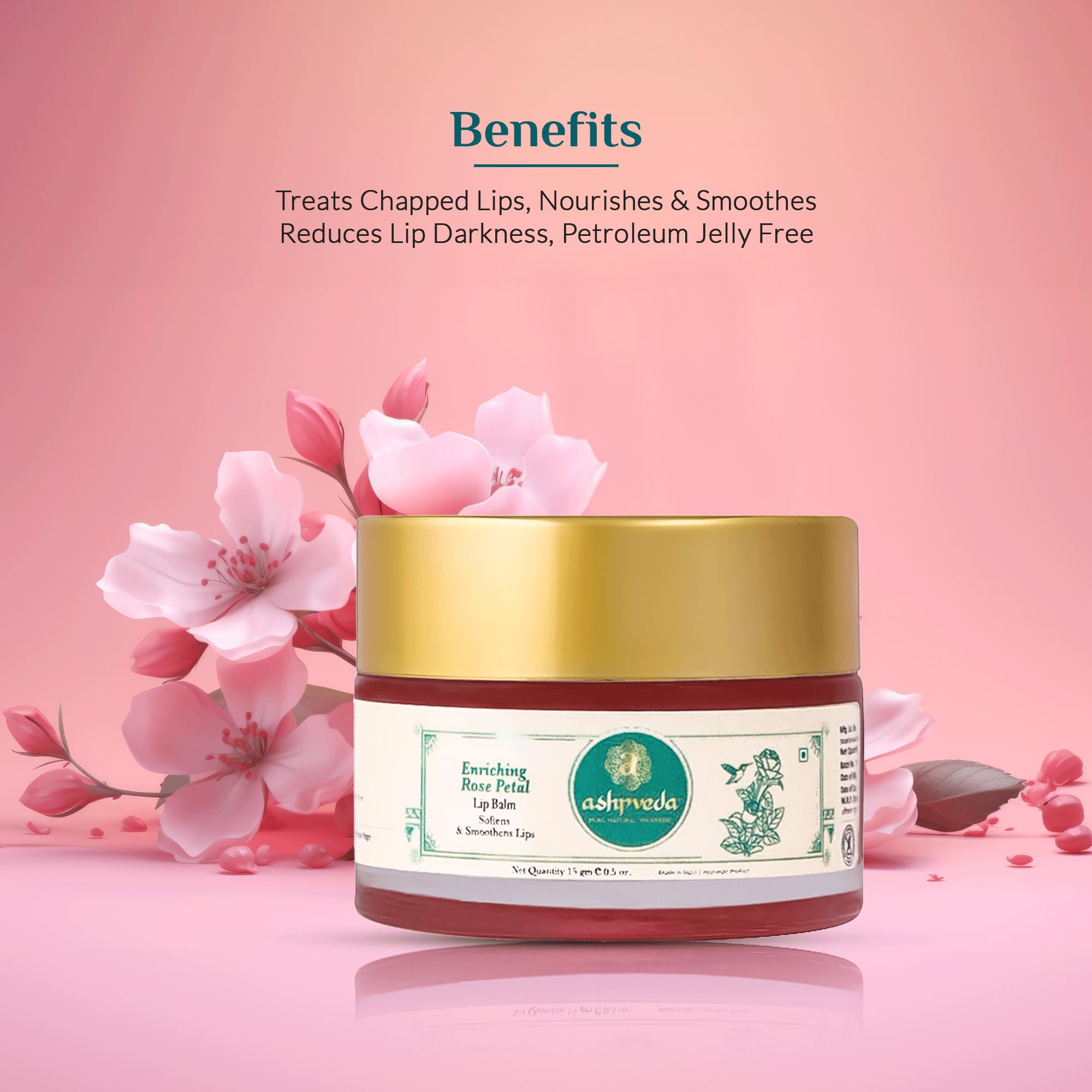 Ashpveda Ayurvedic Rose Petal Lip Balm for Dry & Chapped Lips - Natural Kokum Fruit, Rose Flowers & Almond Oil - SPF Lip Balm with UV Protection & Nourishment for Soft Pink Lips | Perfect for Daily Hydration, Sun Protection & Lip Care Routine