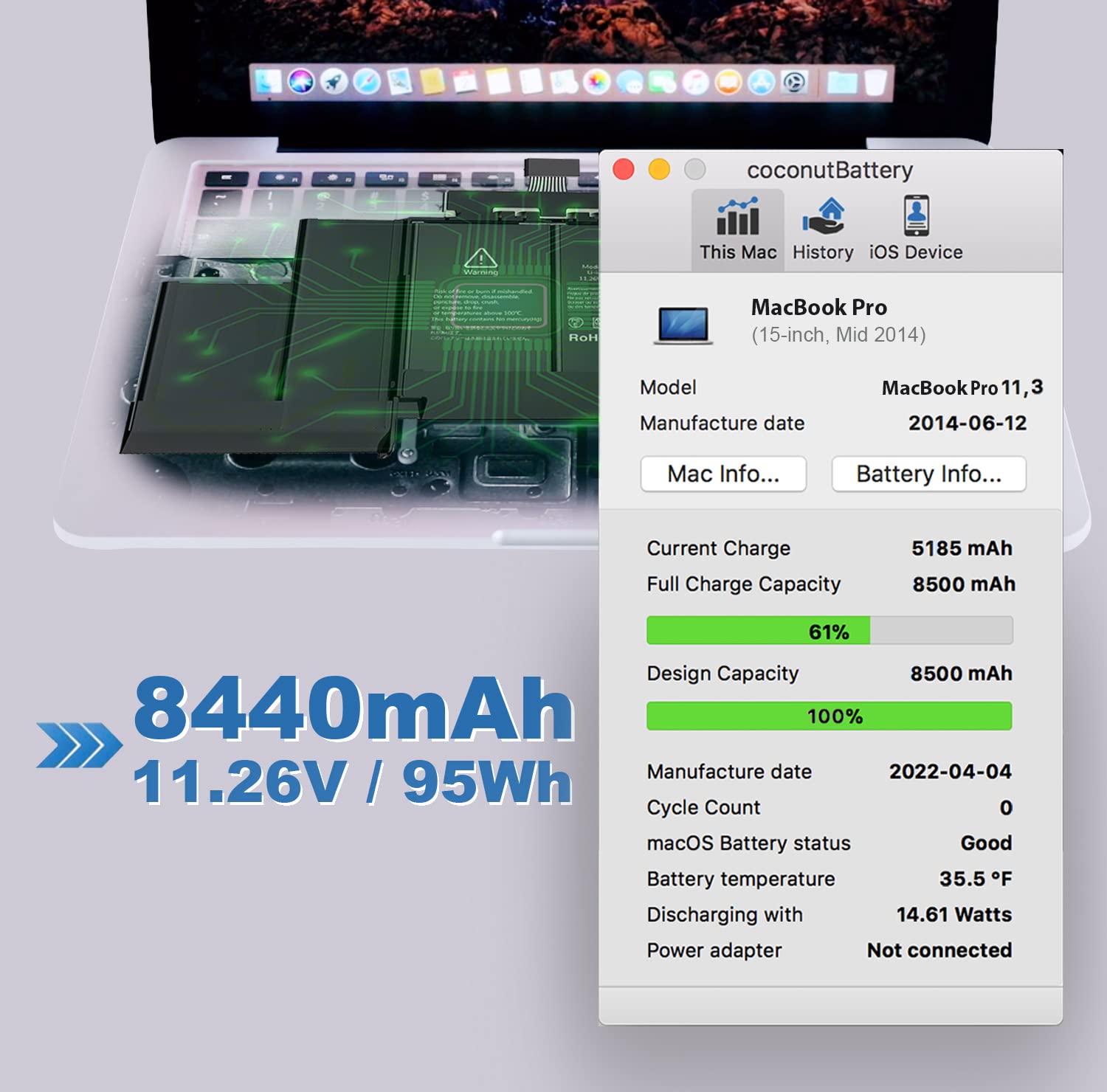 High Capacity 8440mAh A1398 MacBook Pro Battery Replacement for 15-inch Retina Models (Late 2013, Mid 2014, Early 2015) - Compatible with A1494 & A1618 - Perfect for Work, Travel & Long-Lasting Performance