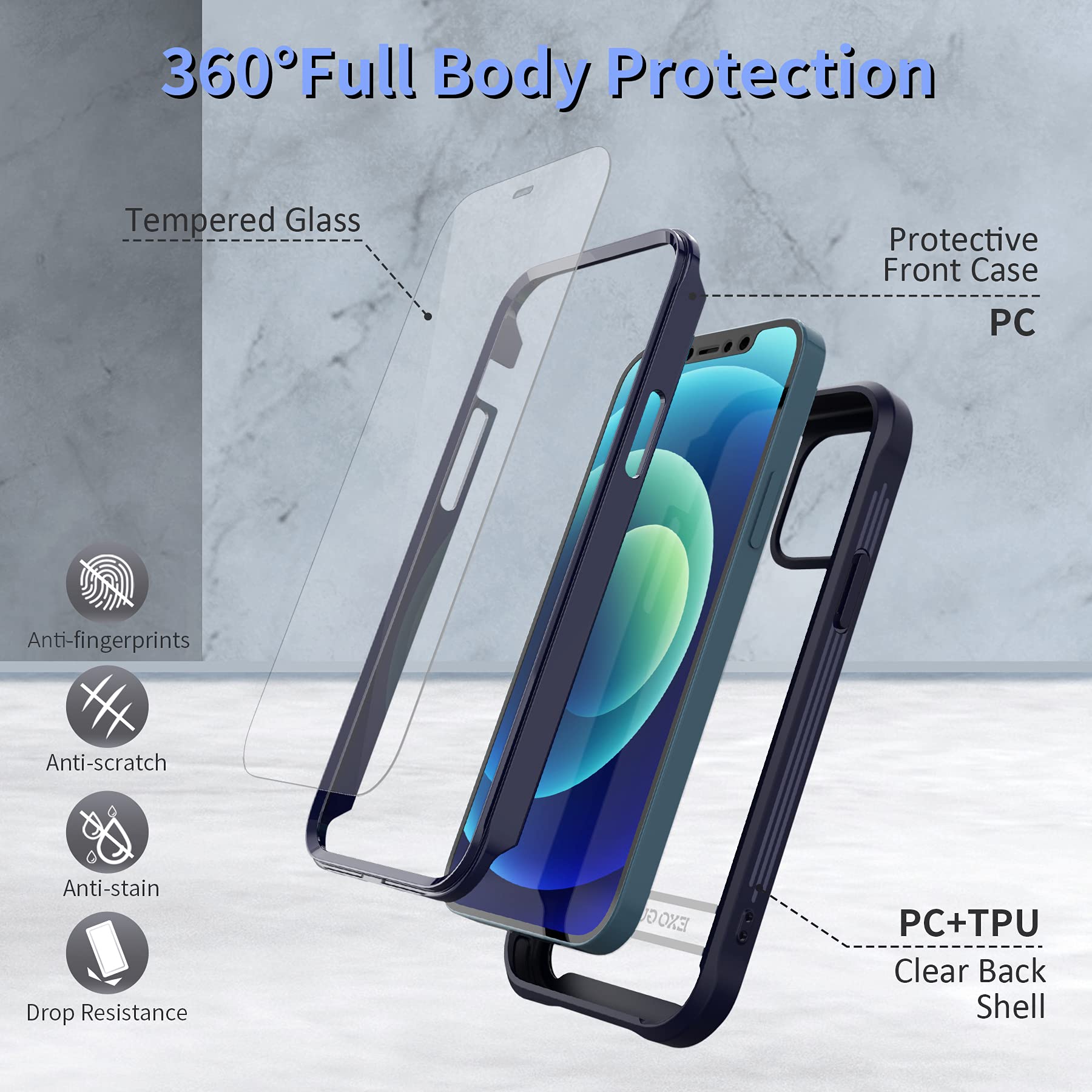 ExoGuard iPhone 12 Case with Tempered Glass Screen Protector | Shockproof Dual Layer Full Body Protection | Clear Back Cover for iPhone 12 & iPhone 12 Pro (Blue) | Perfect for Outdoor Activities, Travel & Daily Use