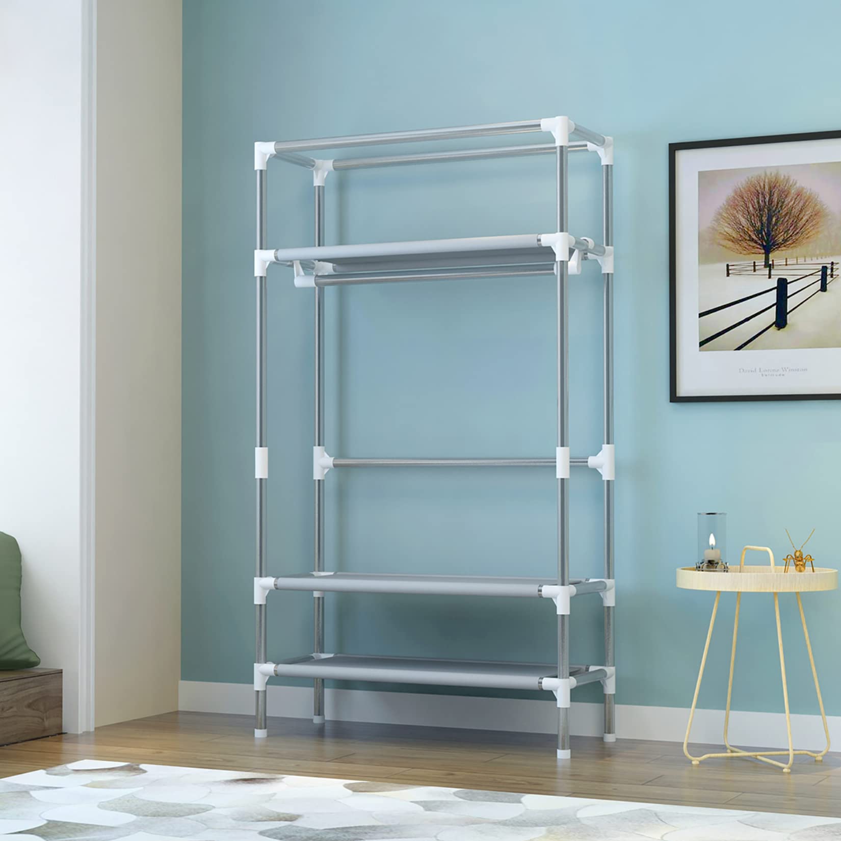 Portable Rolling Wardrobe Closet with Hanging Rack & 3 Drawers - Non-Woven Fabric Storage Organizer for Clothes, No-Tool Assembly, 35.4