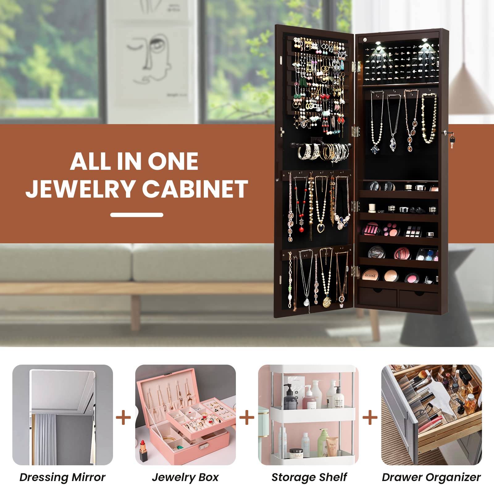 2 LED Jewelry Armoire with Full Length Mirror - Wall/Door Mounted Cabinet Organizer with Adjustable Hooks, Storage Drawers & Lock - Perfect for Bedroom, Closet or Dressing Room (Brown)