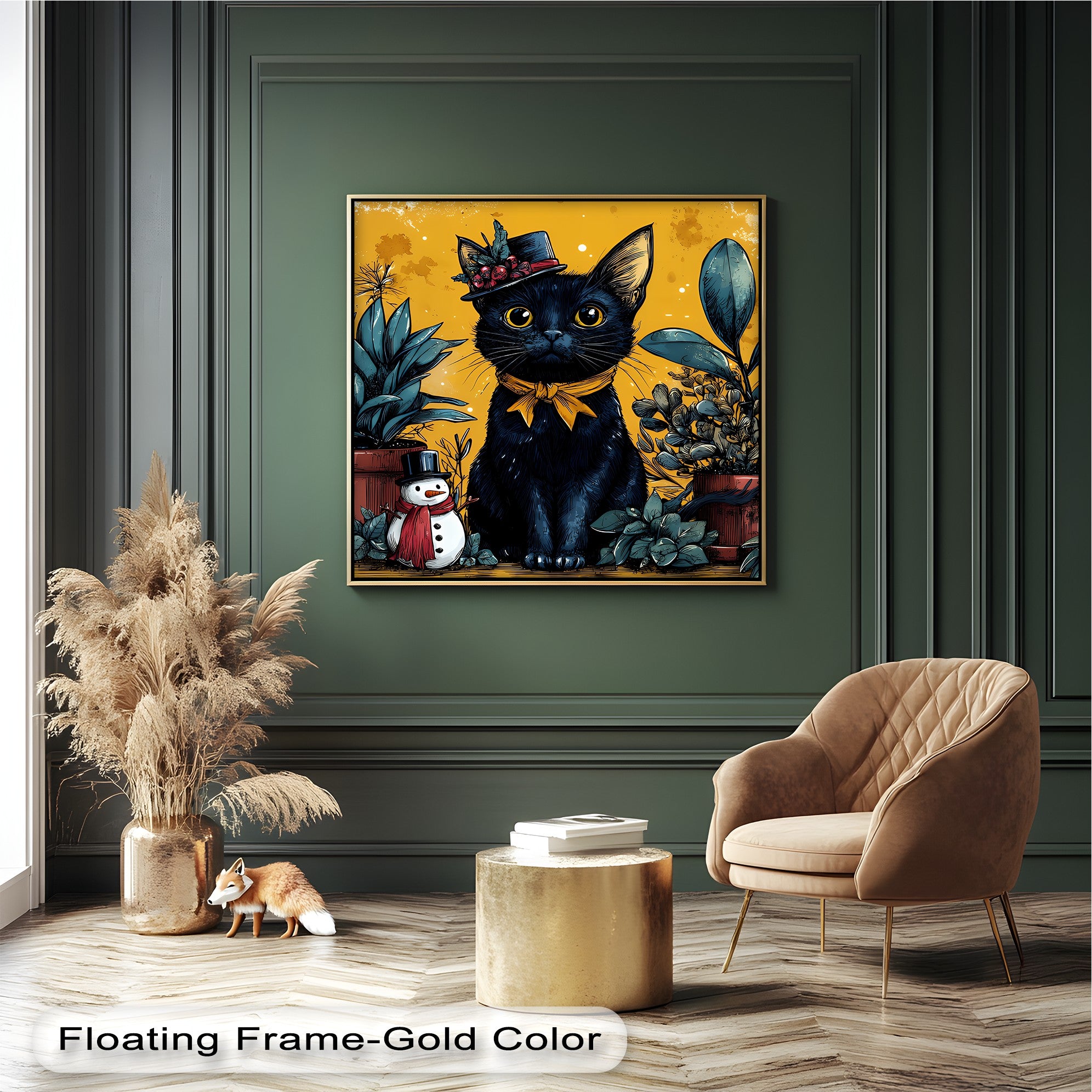 Black Cat with Holiday Hat and Yellow Ribbon - Festive Cat Canvas Print Wall Art for Christmas Home Decor, Living Room, Bedroom & Office