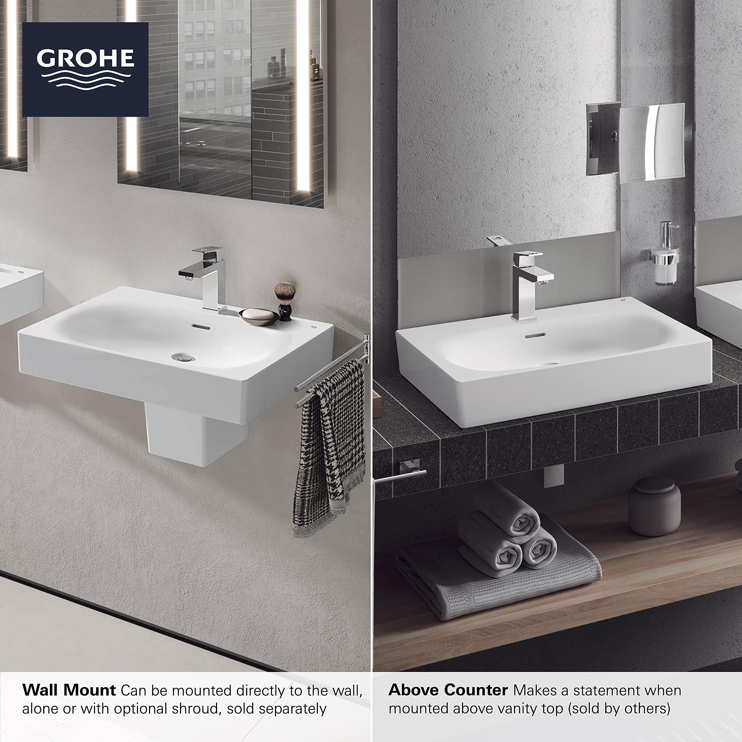 GROHE 39655000 Eurocube Bathroom Sink - Modern Square Ceramic Vessel Sink in Alpine White for Bathroom Vanity & Powder Room Upgrade