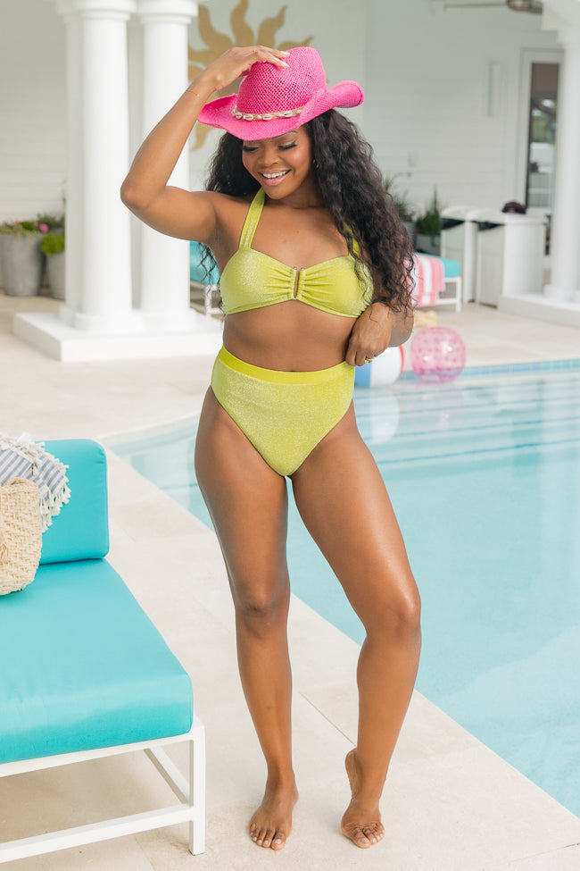 Classic Coastal Green Shimmer Bikini Bottoms - High Waisted Swimwear for Women | Beach Vacation, Pool Party & Summer Fashion