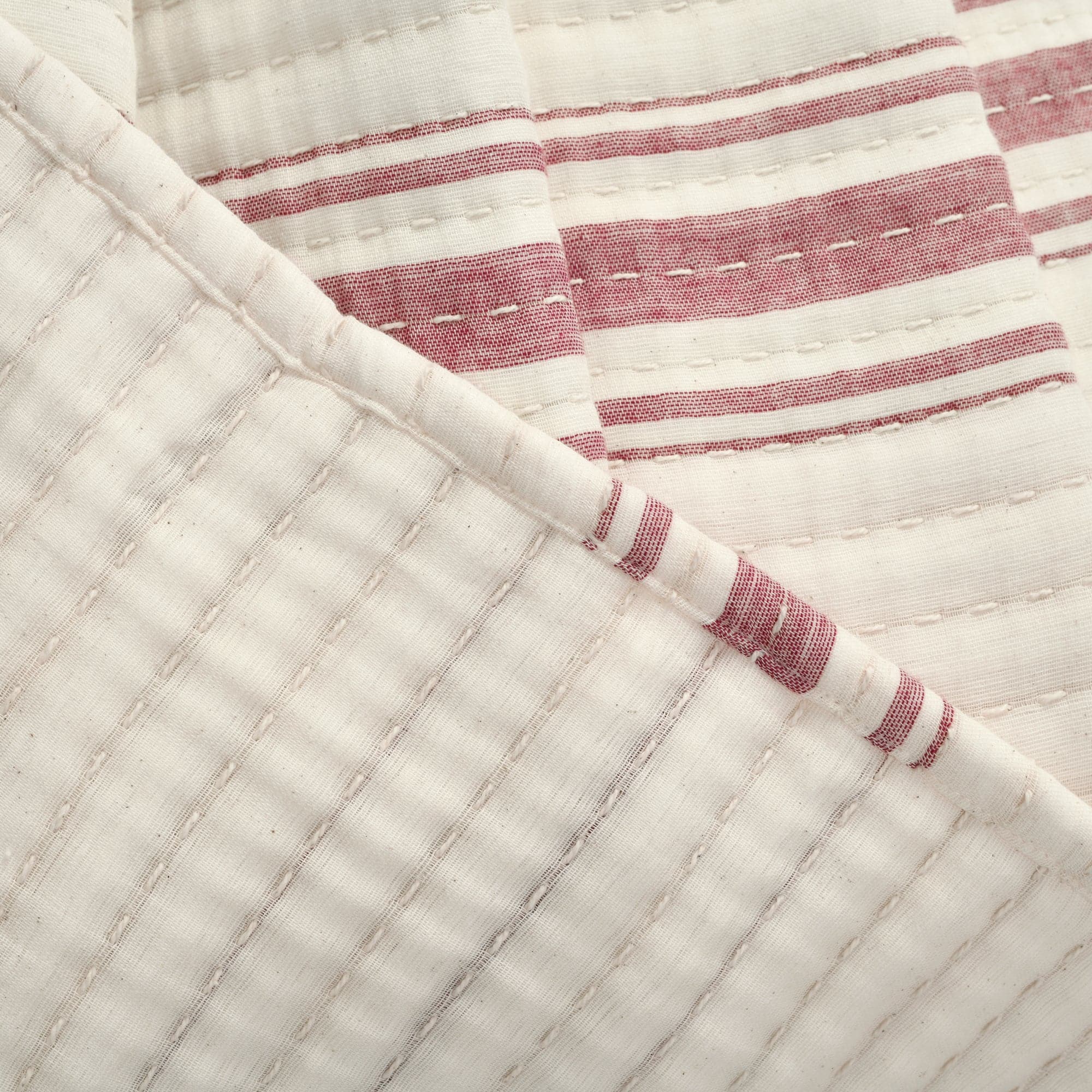 Farmhouse Stripe Kantha Pick Stitch Yarn Dyed Cotton Woven Blanket - Soft Handmade Throw Quilt & Bed Coverlet for Cozy Living Room, Bedroom Decor