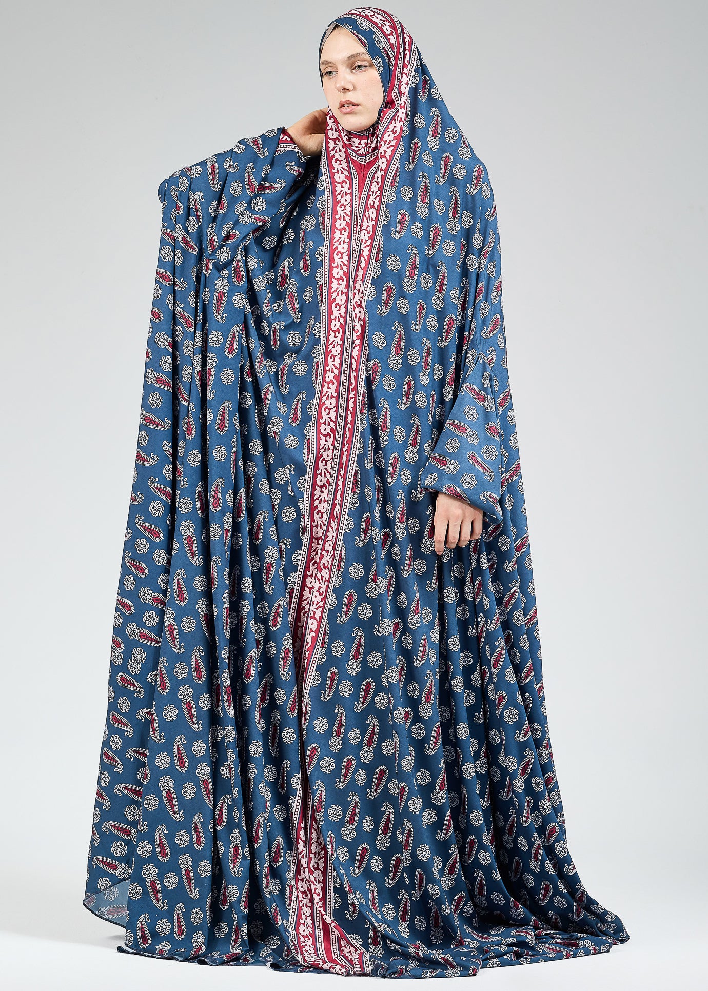 Meera Elegant Satin Prayer Gown with Ornate Paisley Design - Modest Islamic Prayer Dress for Women - Perfect for Salah, Eid, Ramadan & Special Occasions