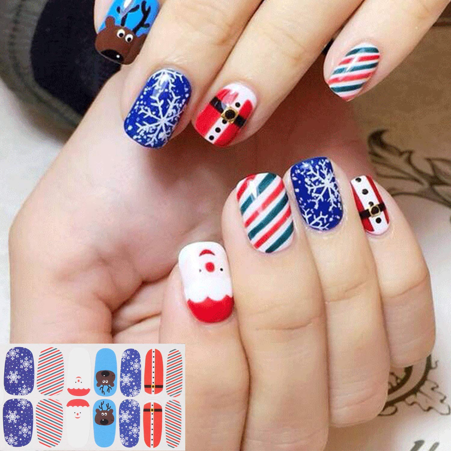 EBANKU Christmas Full Nail Stickers - 8 Sheets Holiday Nail Art Decals with Adhesive & 1 Nail Buffer File | Perfect for Christmas Parties, Gift Giving & DIY Manicures