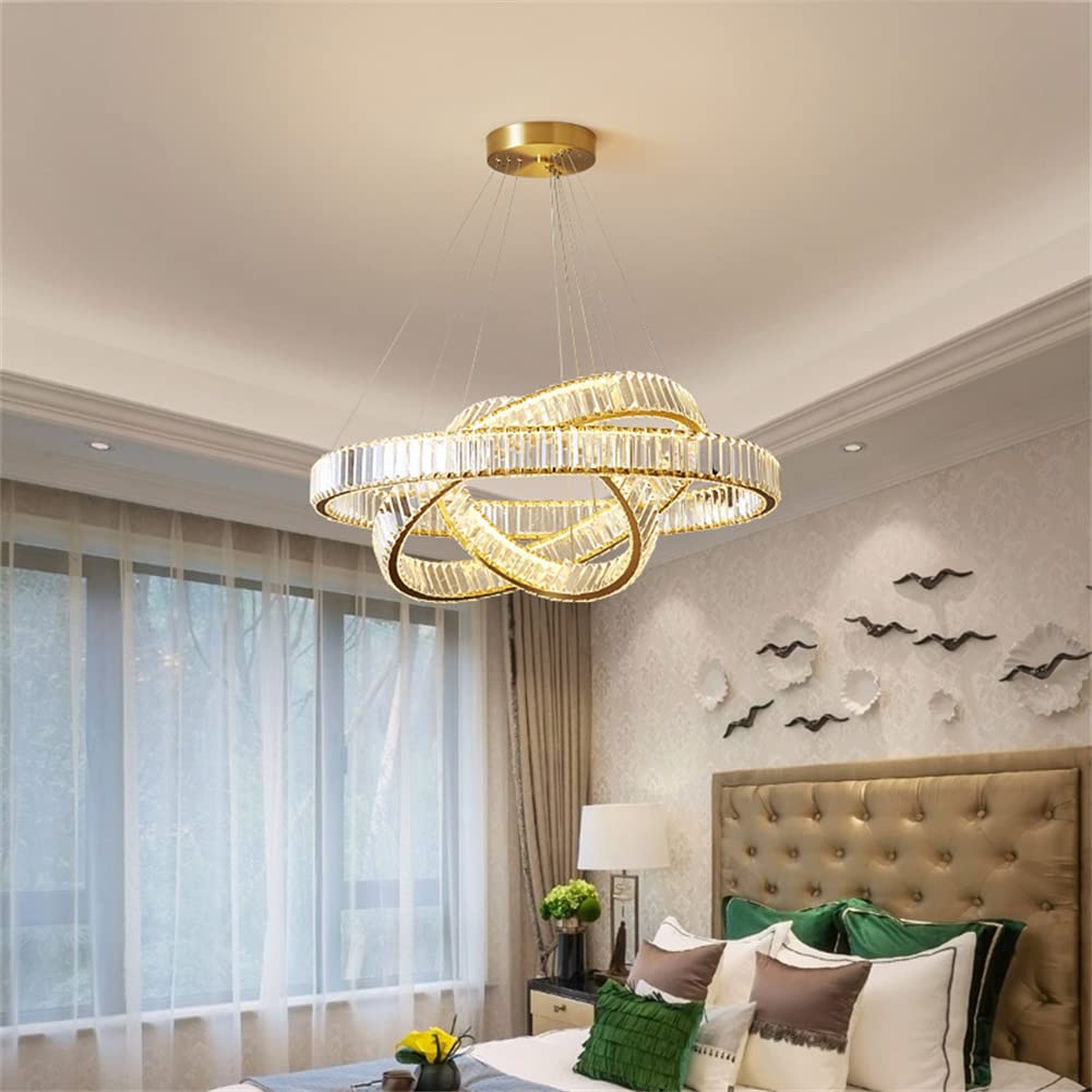 Modern Crystal Chandelier - 3 Ring LED Gold Pendant Light with Adjustable Stainless Steel Hanging Fixture, Warm White Light for Living Room Bedroom Dining Room | Elegant Home Decor & Wedding Venue Lighting