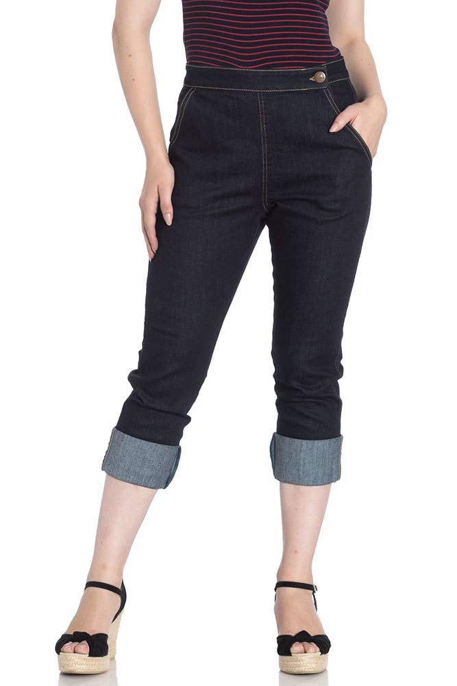 Vintage Hell Bunny Charlie Denim Jeans - 50s Retro Capri Trousers & 3/4 Pedal Pushers for Women | Perfect for Rockabilly Fashion, Pinup Outfits and Retro Style Parties