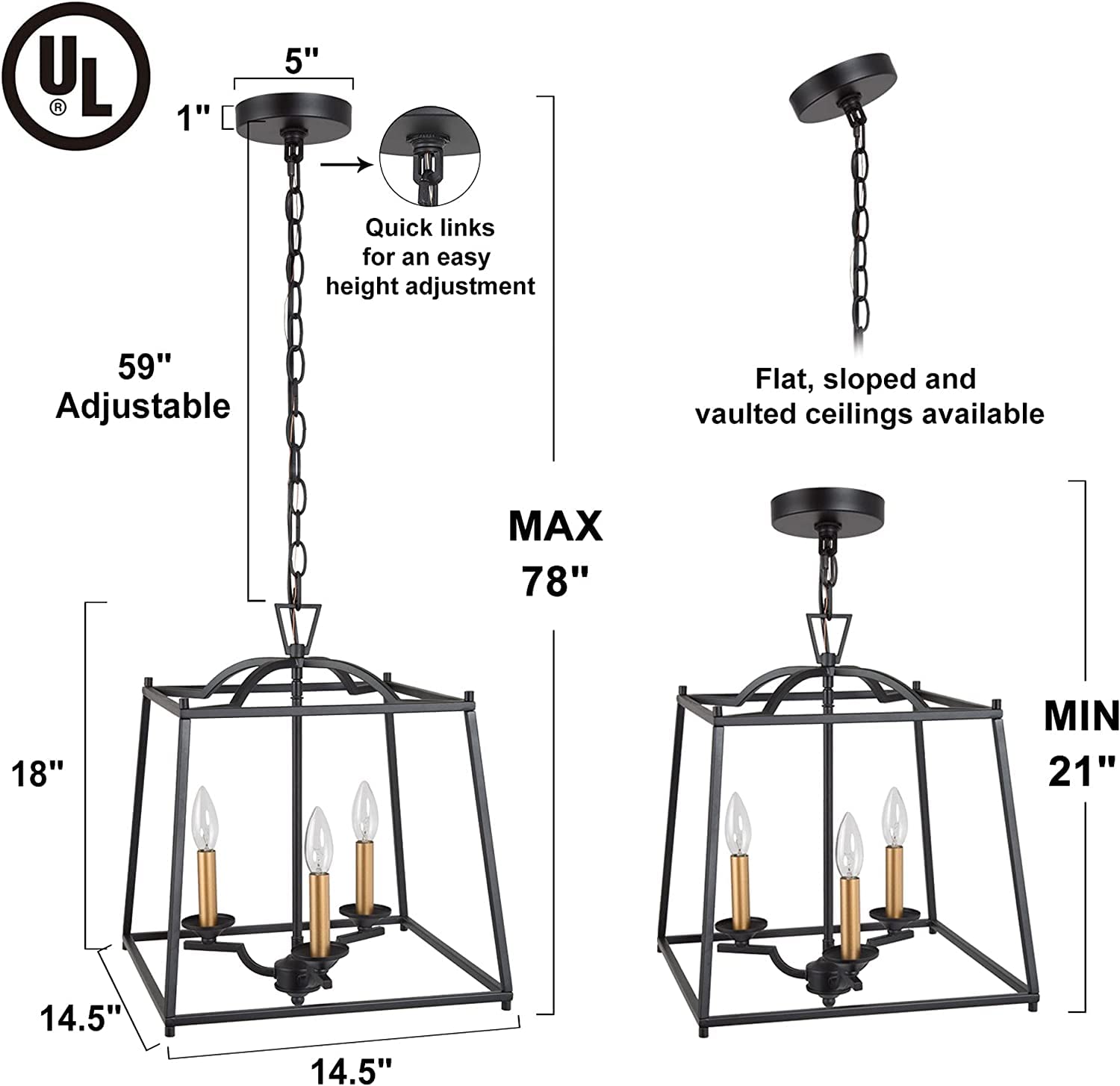 Modern Black Chandelier with Gold Square Lantern - 3-Light Fixture for Dining Room, Bedroom, Living Room, Entryway & Kitchen Island - Elegant Large Ceiling Light for Home Decor & Interior Design