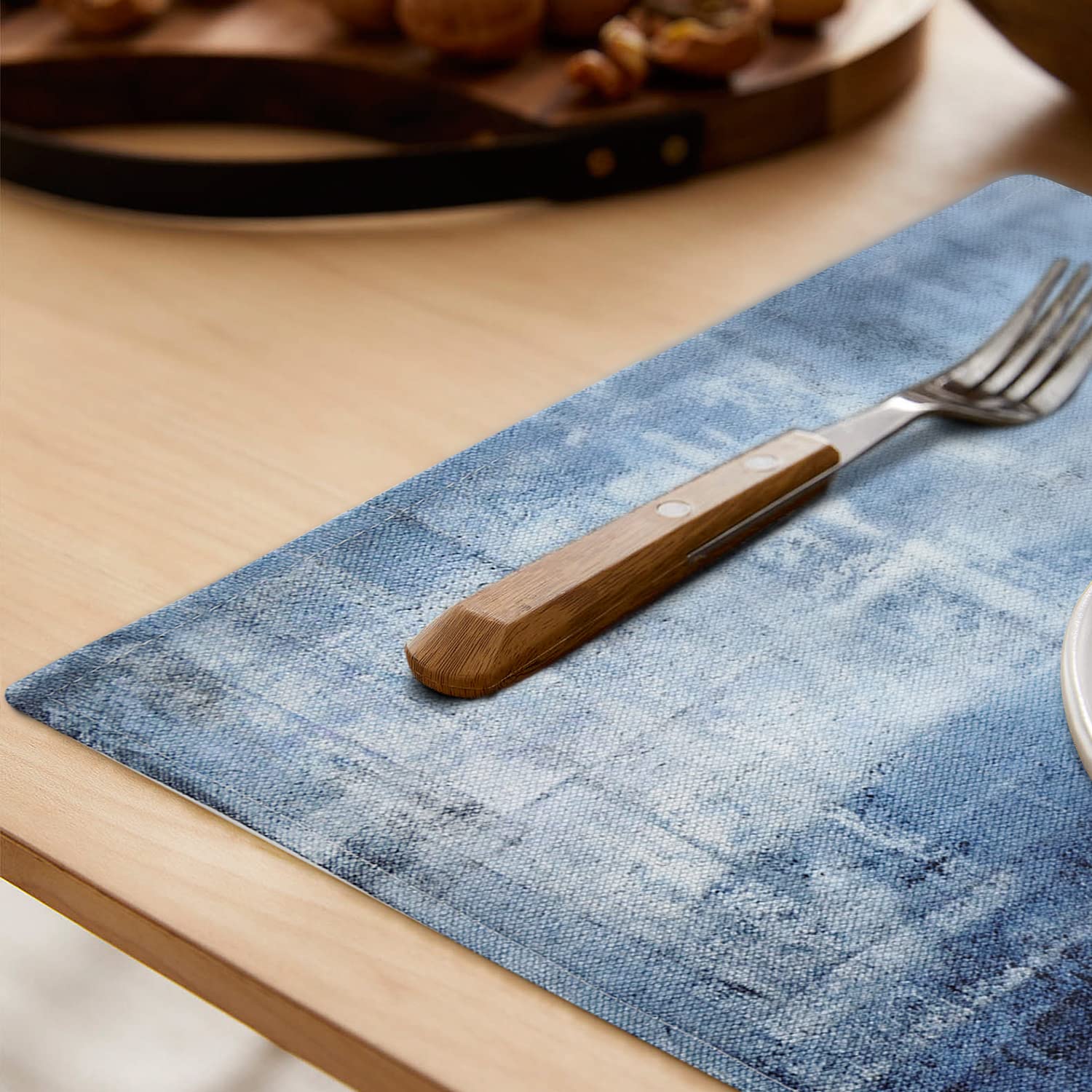 Abstract Art Placemats Set of 6 - Heat Resistant Linen Table Mats 18x12 Inches - Blue and Grey Modern Design for Dining Table - Perfect for Kids Meals, Dinner Parties & Home Decor