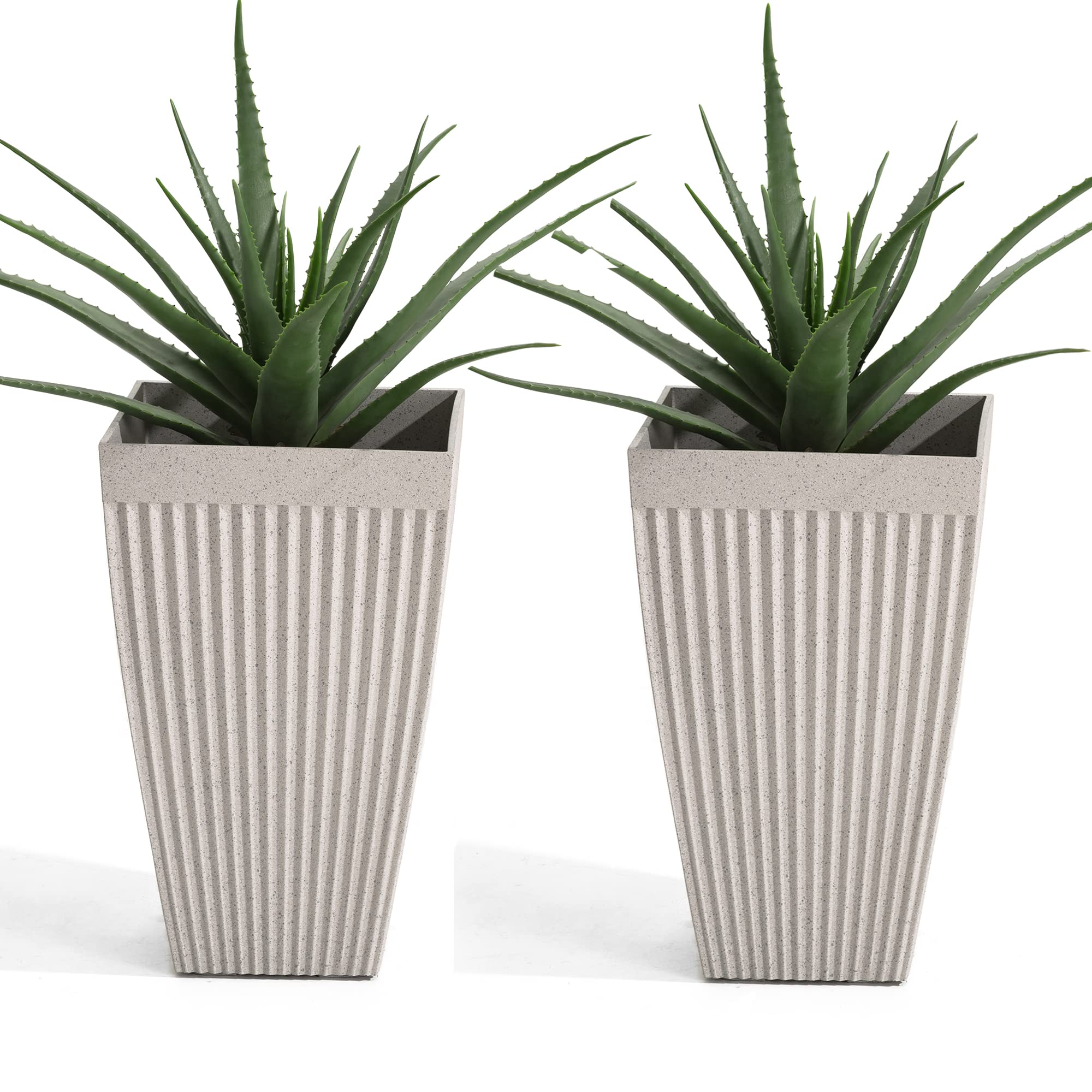 Glitzhome Set of 2 Large Eco-Friendly Plastic Planters with Drainage Holes - Classic Striped Taper Design for Indoor & Outdoor Use - Perfect for Garden, Front Door, Living Room, Deck, Patio - Grey Plant Containers for Flowers, Trees, and Home Decor