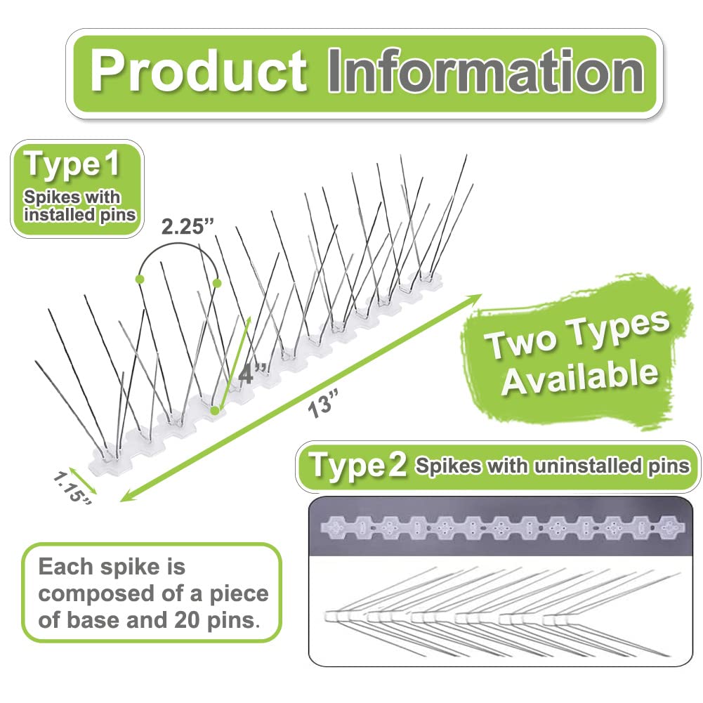 Stainless Steel Bird Spikes for Pigeons & Small Birds - 100ft Coverage, 304 SS Pins with Durable Plastic Base - Outdoor Bird Control for Fences, Roofs, Ledges & Balconies - Prevent Nesting & Protect Property