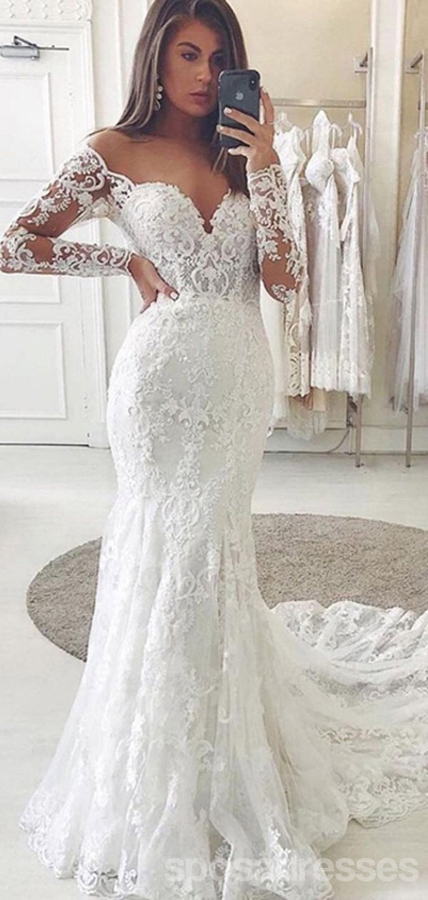 Elegant Long Sleeve Off-Shoulder V-Neck Mermaid Lace Wedding Dress WD769 - Perfect for Beach, Church, and Formal Wedding Ceremonies