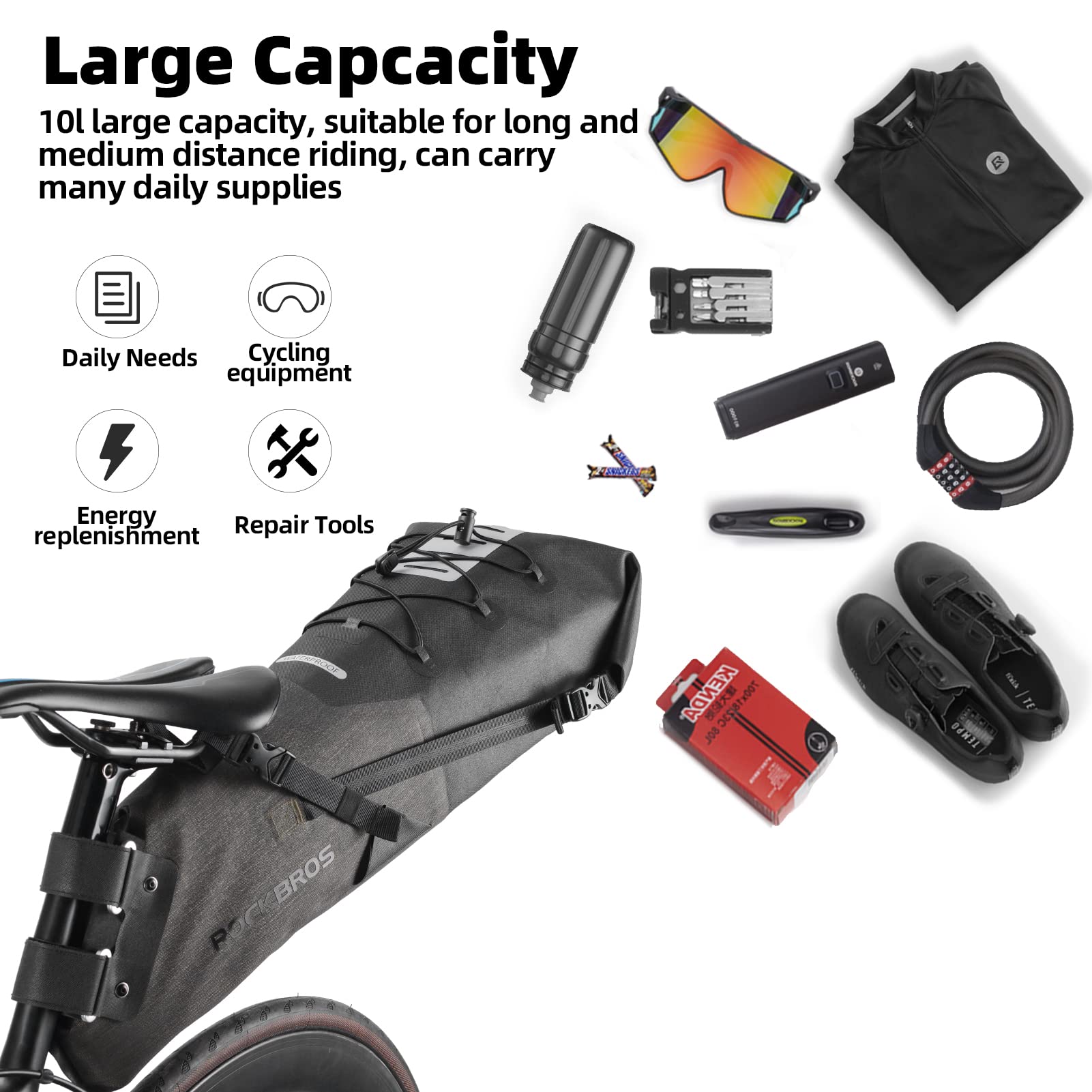 ROCKBROS Waterproof Bike Saddle Bag - 14L Large Capacity Bikepacking Seat Pack for Road & Mountain Bikes | Perfect for Cycling Adventures, Commuting & Outdoor Travel