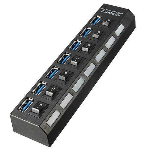 7-Port USB 3.0 Hub with Individual On/Off Switches & Universal Power Adapter (US/EU/UK Plug) - Perfect for Home Office, Gaming Setup & Multi-Device Charging Station