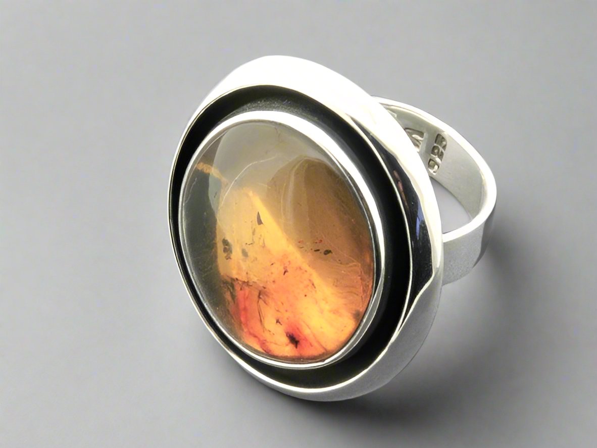 Vintage Double Bezel Ring with Genuine Amber & Oxidized Silver - Perfect for Boho, Gothic & Everyday Jewelry Styles